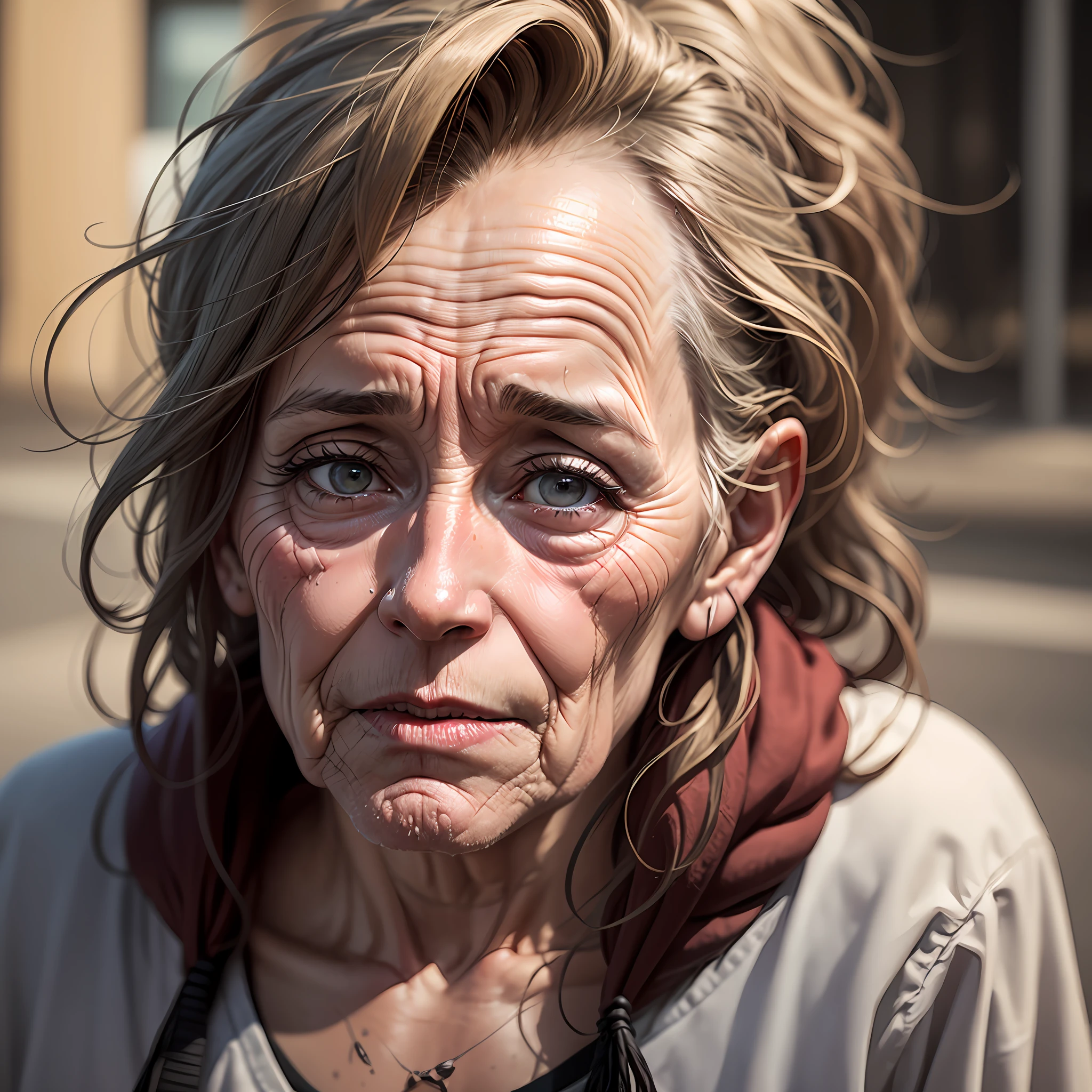 old, ugly, drunk, homeless woman, many wrinkles, unkempt hair, dirty, realistic photo, portrait, 4k --auto