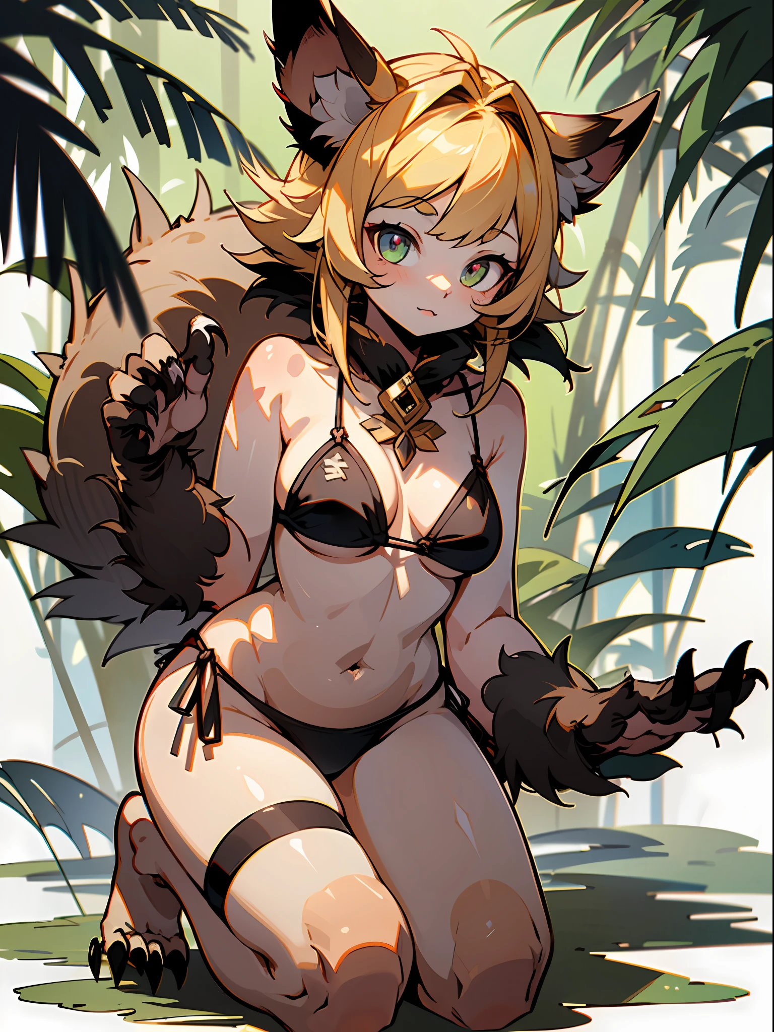 master peice,hyper quality, hyper-detail,Perfect drawing,Hi-Res、独奏、a beautifulchi girl、bbw、Pig nose pattern bikini、Boar ears、Boar's tail、Boar palm、Boar paws、Boar's fingers、sharp claws、Boar Fang、Hunter's eyes aiming for prey、Black and blonde mesh、Sharp eyes、Height 177cm、MeasurementsB95W60H90、Kneeling、pow pause、jungle、beatiful backgrounds、Accurate drawing、Detailed drawing、