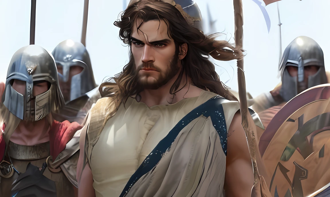 um close up de um homem de capacete e barba com barba,  biblical epic movie, Vestido como Jesus Cristo, henry cavill is a greek god, Mateus Bento, Henry Cavill como um guerreiro,  Viking