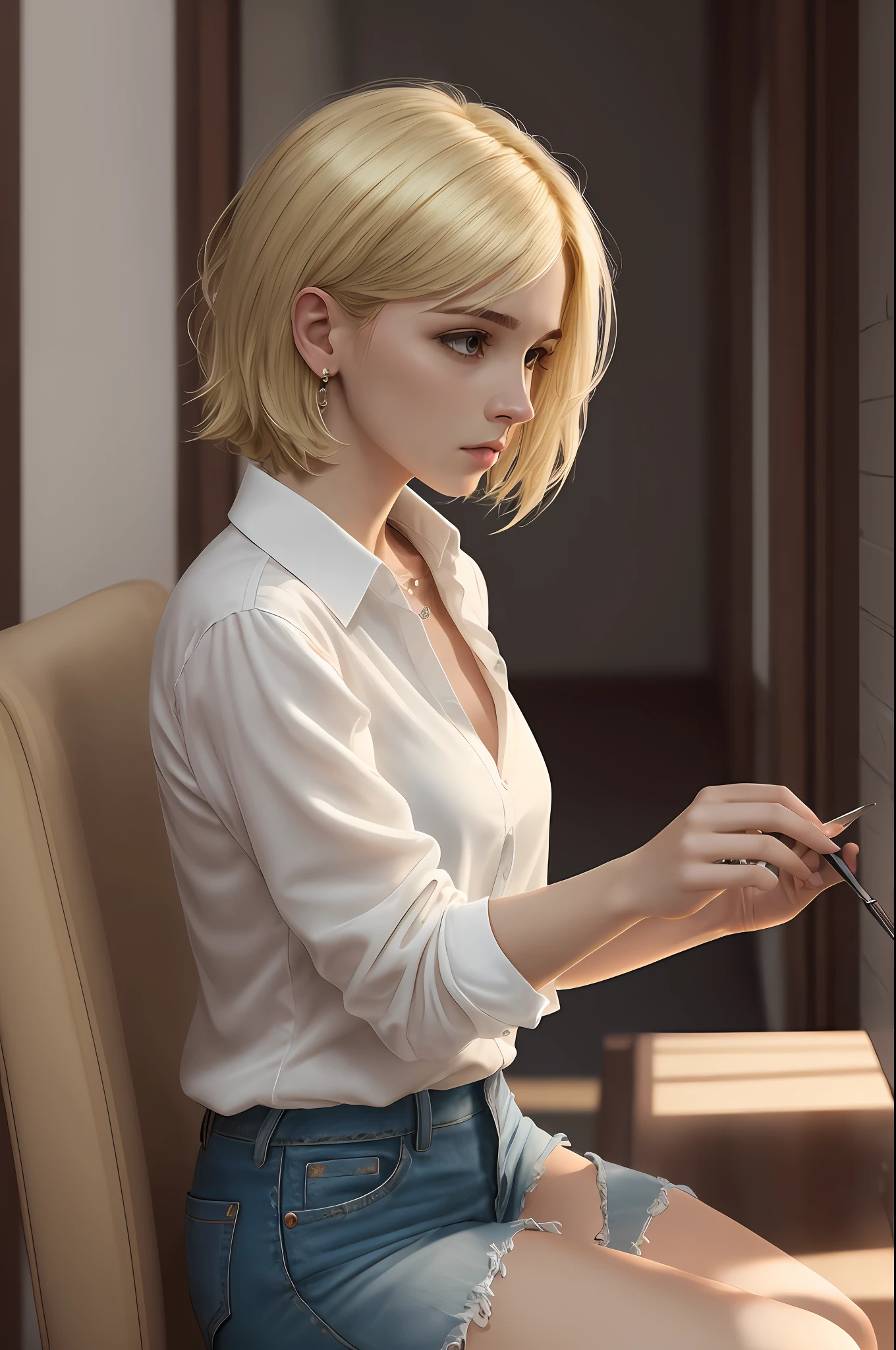 masterpiece, realistic, 8k, (1woman:1.3), european, white shirt, (blonde hair:1.3) , mullet-hair, short hair,(long mullet:1.2)