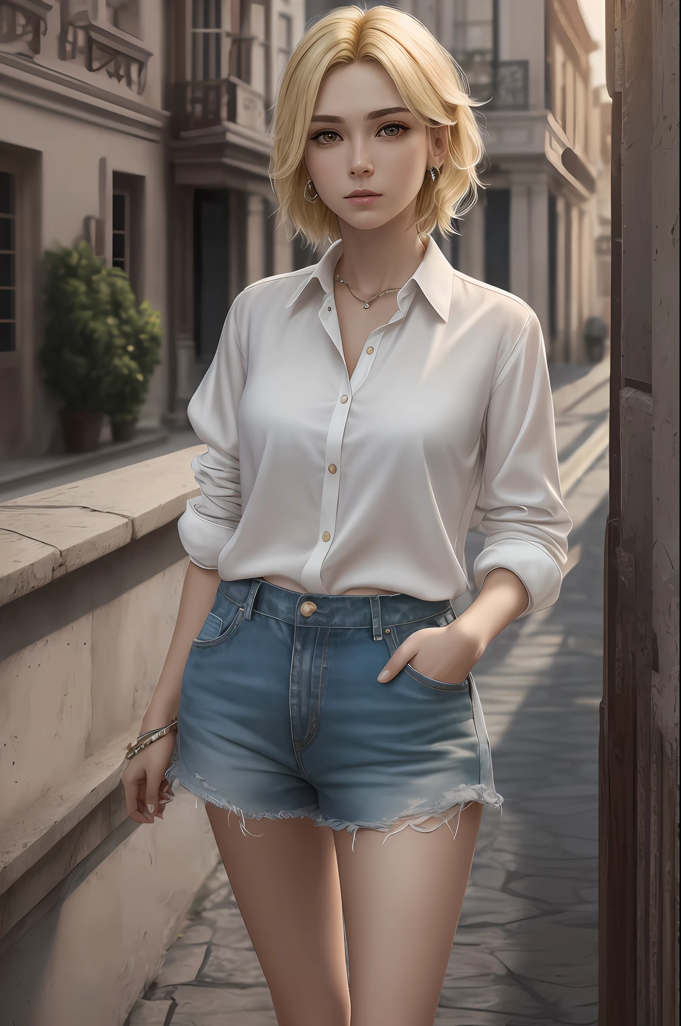 masterpiece, realistic, 8k, (1woman:1.3), european, white shirt, (blonde hair:1.3) , mullet-hair, short hair,(long mullet:1.2)