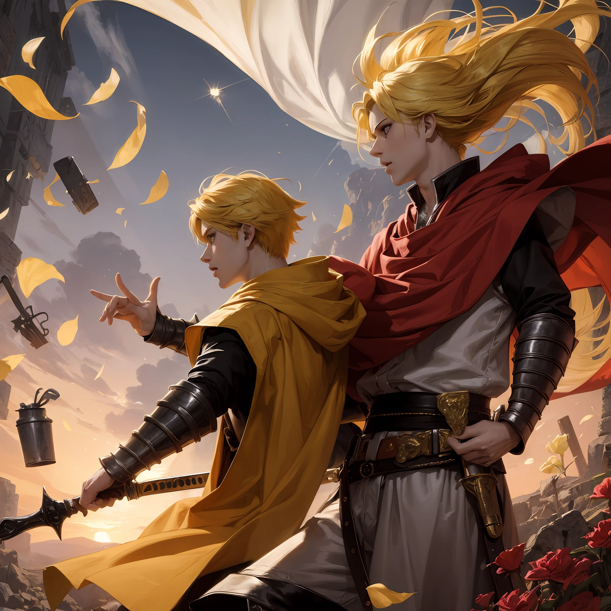 8k, best quality, masterpiece, highly detailed, semi realistic, 1 boy, mature male, 20 years old, yellow hair, short hair, curtain bangs, blue pupils, golden armor, black fluffy pants, golden iron boots, redblack fluffy brimmed cloak, wielding sword, knight, coronation ceremony,War, flames, bloodstains,Lily, petal rain,banner, uzumaki naruto, from front, masculine, tall, handsome --auto