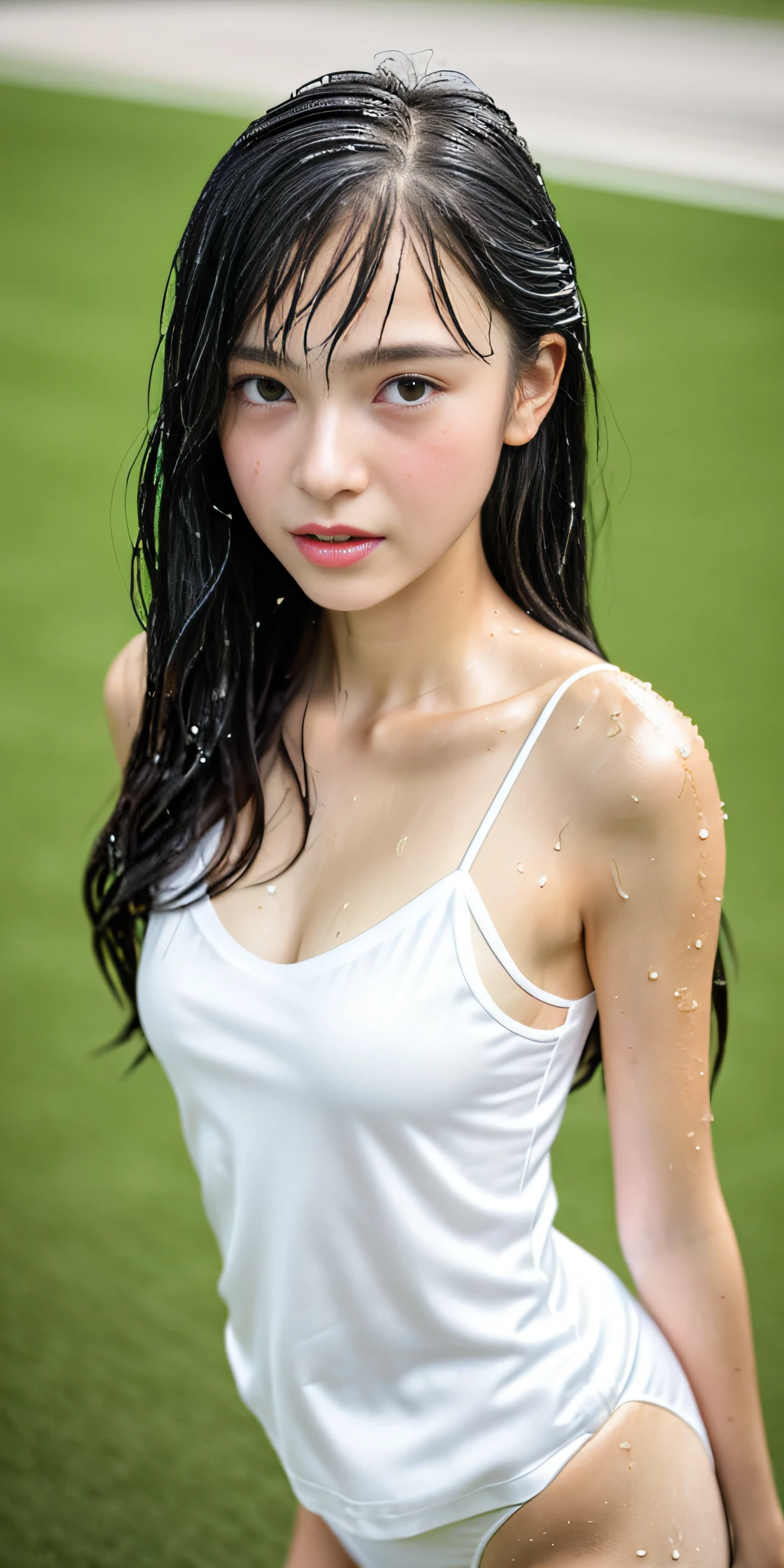 Neat college girl, petite person, (long white silk camisole, white panties), outside the athletic field, (slim, small, flat, small), photorealistic, detail, skin texture, ultra detail, delicate and sexy collarbone, troubled expression, troubled face, super detailed face, detailed lips, detailed eyes, double eyelids, all fours, sexy pose, (( WET BODY)), crying, soaking wet, the whole body is wet, milk splatters,