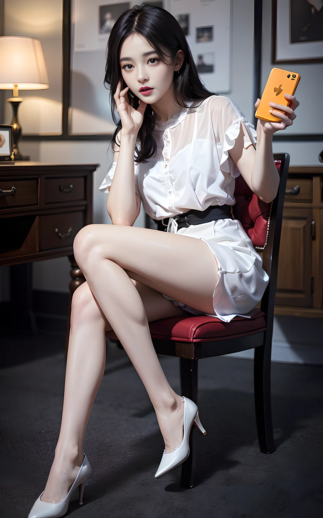 (RAW Photo, Best Quality), (Realistic, Photorealistic Photo: 1.4), Masterpiece, Extremely Delicate Beautiful, Amazing, Fine Details, Extremely Detailed CG Unity 8k wallpaper, Huge file size, Ultra detail, High resolution, Ridiculous, Soft light, Edge light, Vibrantious Details, ((Perfect Hand: 1.2)), ((Perfect Leg: 1.2)), Blurred background, Blurred foreground, Depth of field, Selfie holding phone in one hand, covering face, 1 girl, full body, [standing|]. Chair|sit|butterfly sitting], [stockings|pantyhose], iPhone, selfie, pose, small hands, ((color)), p_m_s,