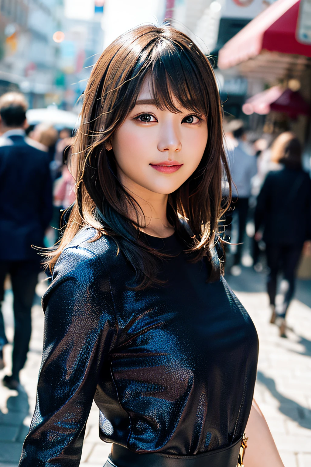 (8K、Raw photography、最好的质量、A masterpice:1.2)、(Realstic、photorealestic:1.37)、ultra -detailed、ultra-high-resolution、女の子1人、see the beholder、Beautiful detailed face、smile on face、Constriction、(Slim waist) :1.3)、shirts、Beautiful detailed skin、Skin texture、Floating hair、Professional lighting、In the street、Haut du corps、Whole human body、Longhaire、a blond
