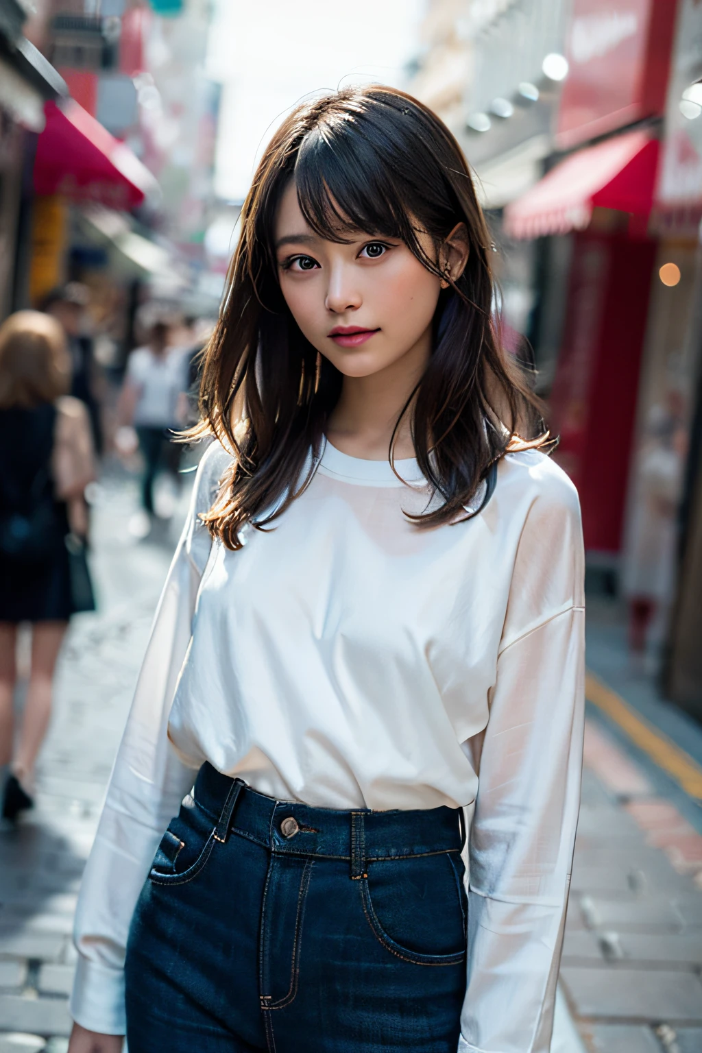 (8K、Raw photography、最好的质量、A masterpice:1.2)、(Realstic、photorealestic:1.37)、ultra -detailed、ultra-high-resolution、女の子1人、see the beholder、Beautiful detailed face、smile on face、Constriction、(Slim waist) :1.3)、shirts、Beautiful detailed skin、Skin texture、Floating hair、Professional lighting、In the street、Haut du corps、Whole human body、Longhaire、a blond