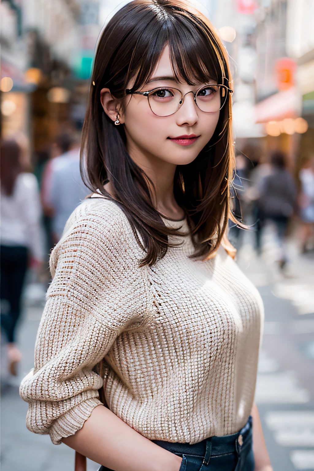 (8K、Raw photography、最好的质量、A masterpice:1.2)、(Realstic、photorealestic:1.37)、ultra -detailed、ultra-high-resolution、女の子1人、see the beholder、Beautiful detailed face、smile on face、Constriction、(Slim waist) :1.3)、shirts、Beautiful detailed skin、Skin texture、Floating hair、Professional lighting、In the street、Glasses、Whole human body、Brown hair