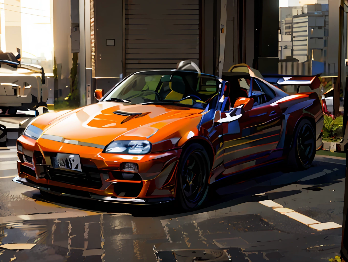 there is a orange car parked in front of a building, carro esportivo, carro esporte, Roadster, Miura, charrete, Carro esportivo, Speeder, lotuses, carro esportivo, prototype car, estilo Miura kentaro, Directed by: Hans Schwarz, Supercarro, carro conceito, prototype, Corpo largo, a short and average built, Directed by: Thomas Häfner, muito futurista