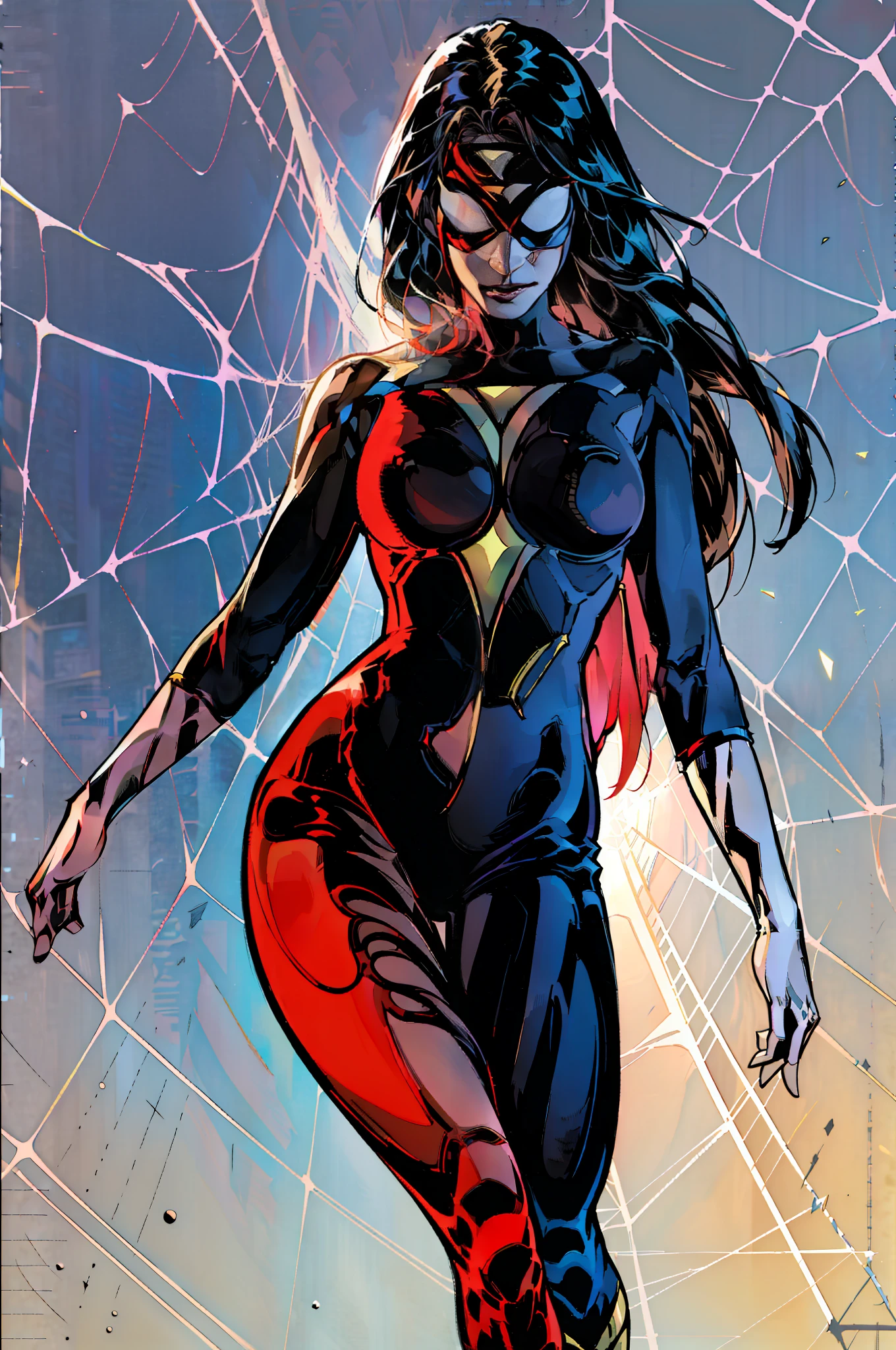 90's marvel comic,sw_jessicadrew, very curvy,standing, spider's web background, inksketch, red and yellow superhero costume, black hair,very long hair, underarm webbing, red mask with white lenses and a yellow triangle on the forehead, photorealistic, highly detailed, high resolution, best quality, highres, (detailed eyes:1.4), (detailed face:1.2), colorful, vivid color