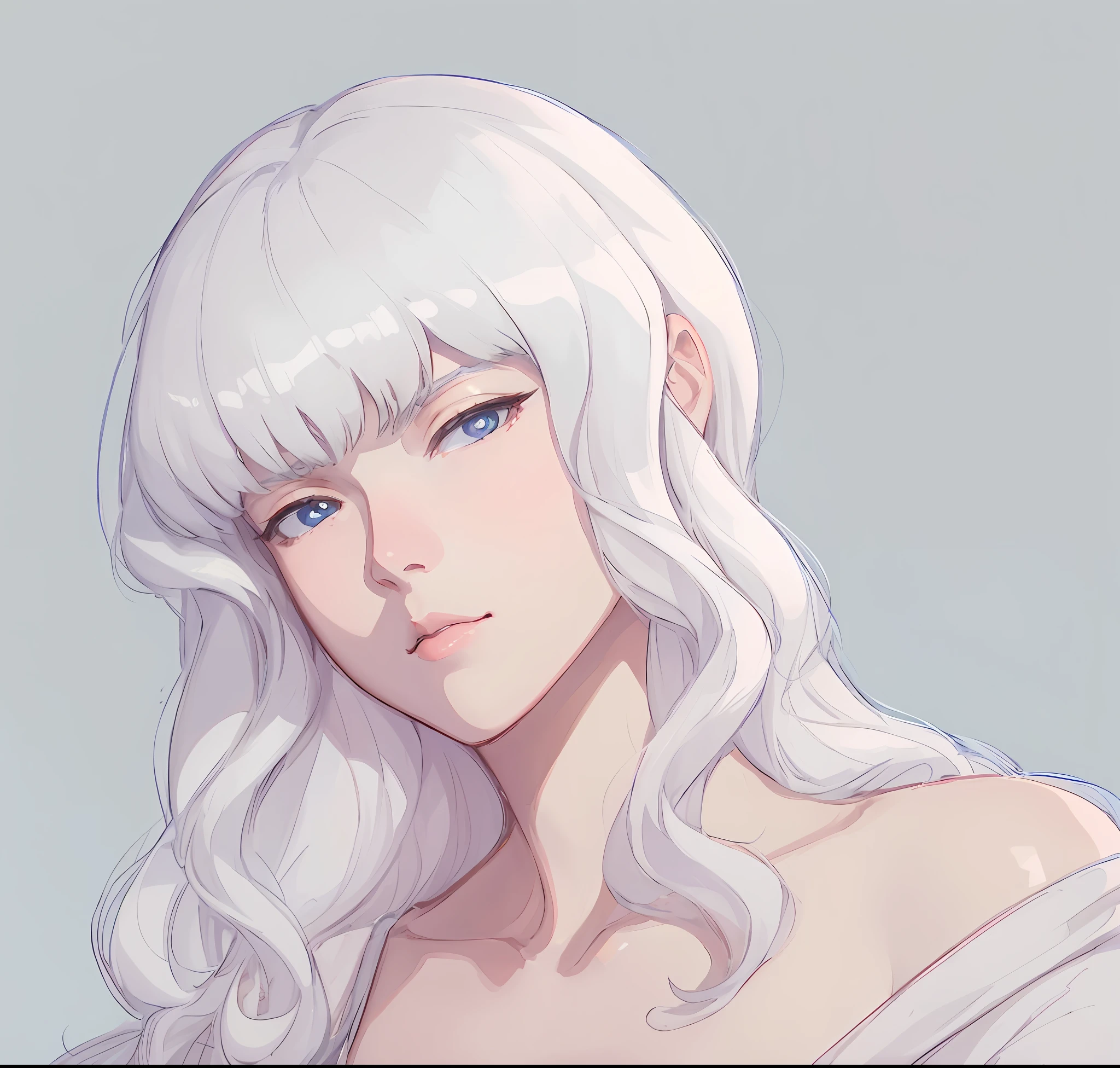 Anime - Retrato estilo de uma mulher com cabelo branco e olhos azuis, menina com cabelo branco, Griffith, retrato estilo anime, retrato da mulher do anime, retrato detalhado da menina do anime, senhora de cabelos brancos, cabelos brancos, retrato de personagem de anime, divindade de cabelos brancos, retrato bonito do anime, Digital anime illustration, Retrato de uma garota de anime, franja branca, sombreamento estilo anime plano