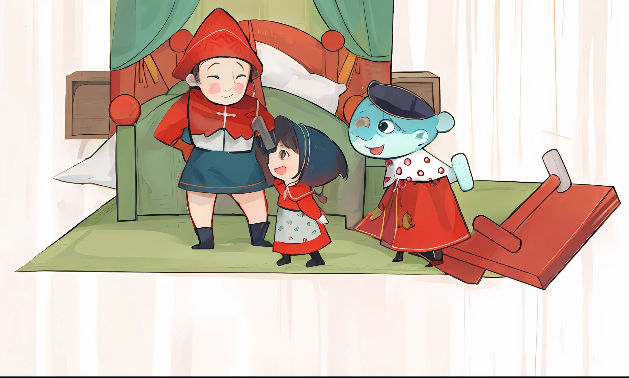 A cartoon of a grandmother and hunter and little girl in bedroom with bed, storybook illustration, children illustration, red riding hood, childrens illustration, children's book illustrations, Children's book illustration, children's book illustrations, The hunter wears a hat on his head，Carrying a shotgun on his back，Complete hands。Lovely style