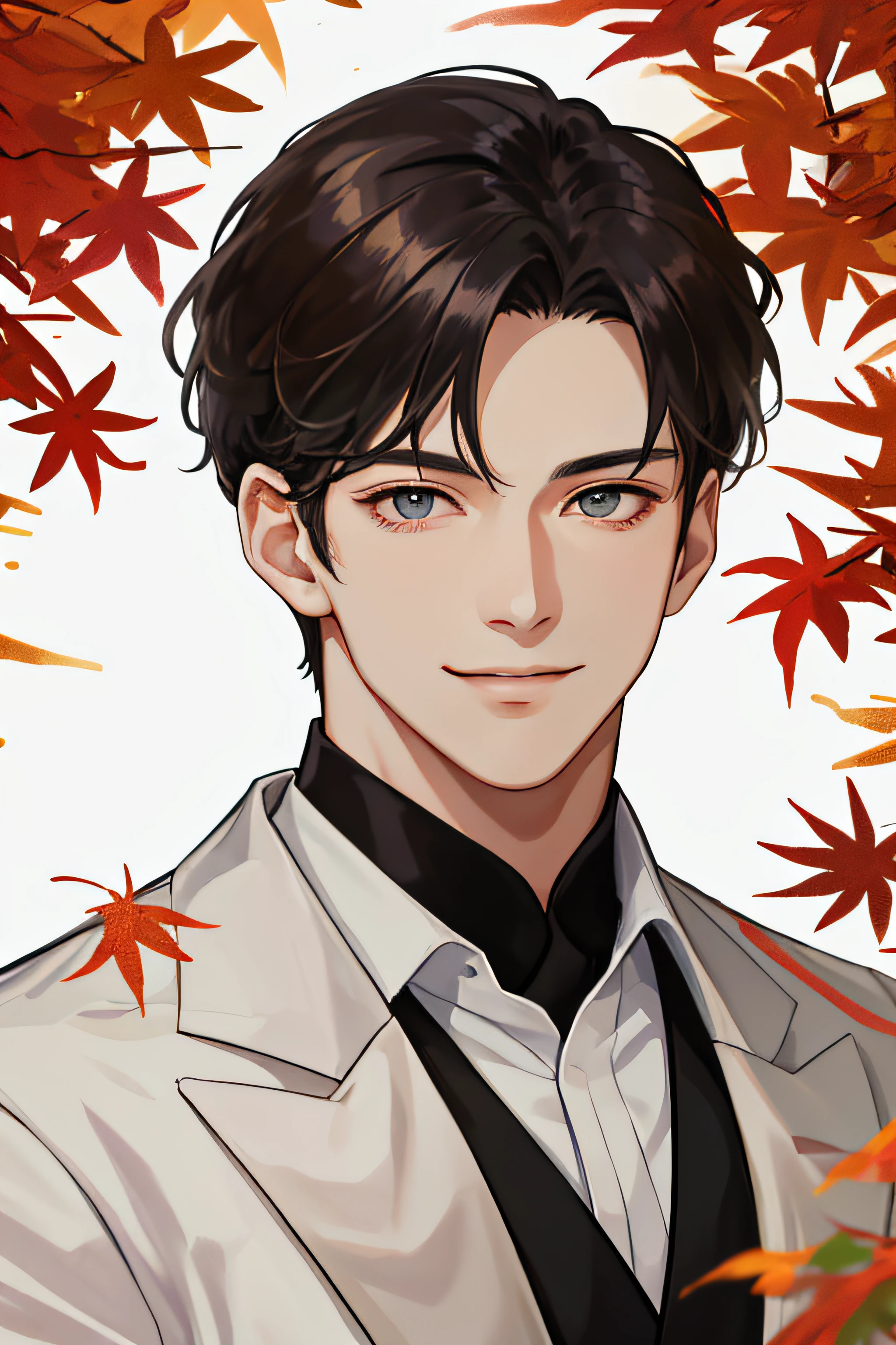 A masterpice, 最好的质量, It's real, 1 guy, male focus, tall muscular, a handsome, smile on face, I opened my mouth a little, suits, portraitures, very highly detailed face, autumnal,fruits