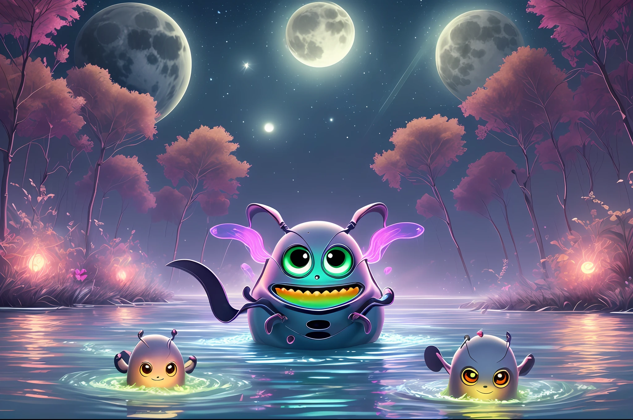 Digital art, 3d, realistic raytracing. Surreal concept. A cute little monster with three eyes forming a triangle, six limbs with five joints, blobbish body covered with bioluminiscent ruffled nuddles. He holds russet paddles with two limbs, he is paddling on a float navigating an alien lake. Flotating round ultraviolet leaves and pink lotus flowers with laser beams. Night, dark, two moons on different phases on the sky, alien landscape. Colourful palette. Illuminated by moonlight, fireflies. Great angular, deep depht of field, high definition. --auto --s2