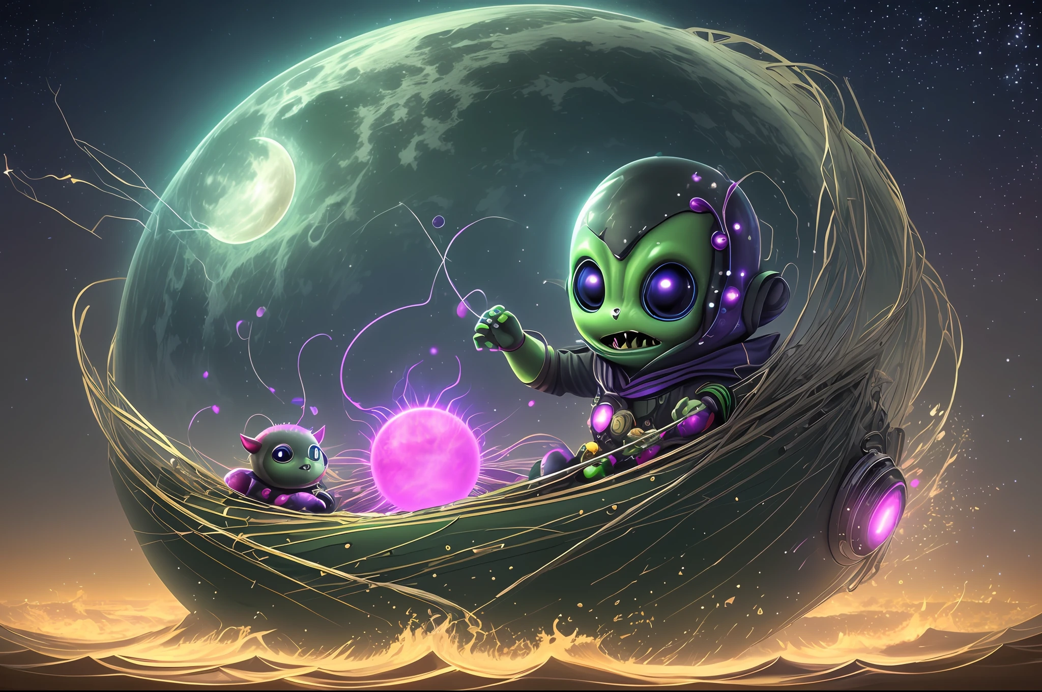 Digital art, 3d, realistic raytracing. Surreal concept. A cute little monster with three eyes forming a triangle, six limbs with five joints, blobbish body covered with bioluminiscent ruffled nuddles. He holds russet paddles with two limbs, he is paddling on a float navigating an alien lake. Flotating round ultraviolet leaves and pink lotus flowers with laser beams. Night, dark, two moons on different phases on the sky, alien landscape. Colourful palette. Illuminated by moonlight, fireflies. Great angular, deep depht of field, high definition. --auto --s2