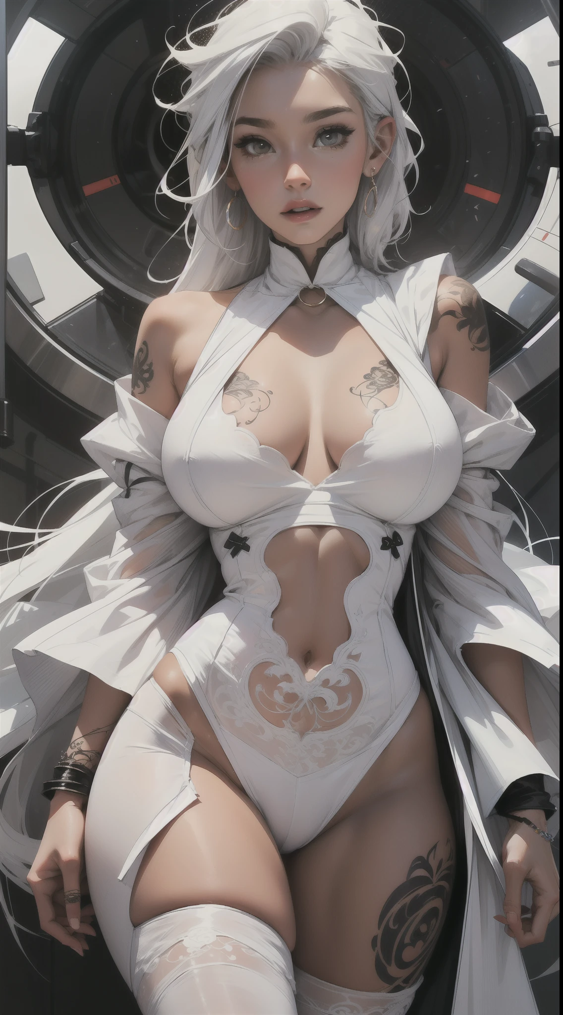 "1 woman with a semi-transparent and stylish white outfit, featuring curves and artistic concepts, white hair, neck tattoos, sexy, with circles and fractals in the background")