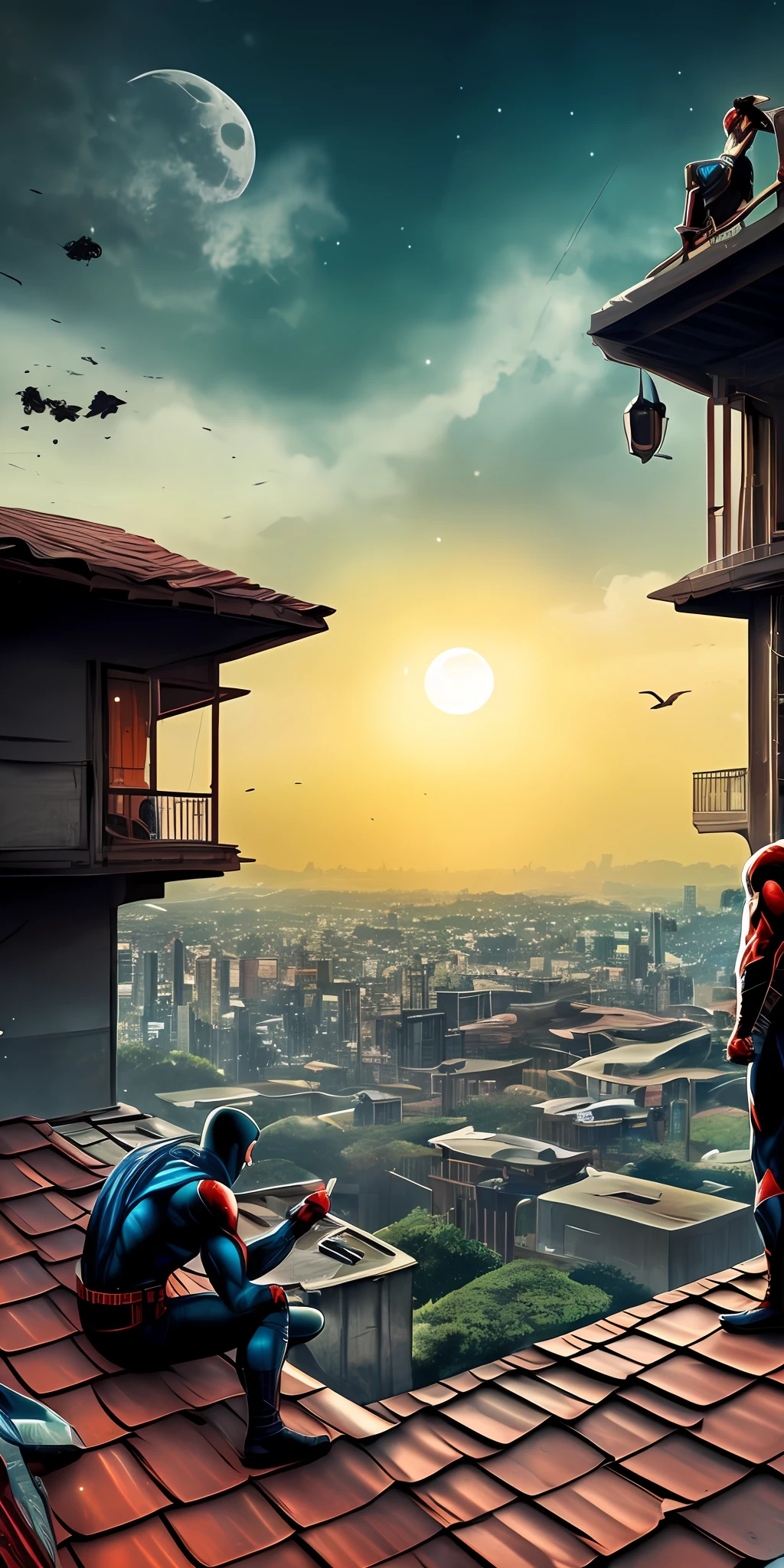A superhero stands on a rooftop looking out over the city. Moonlight highlights your muscles and scars. The scenery is lush and mysterious, with futuristic tech and surroundings. The camera details everything --auto