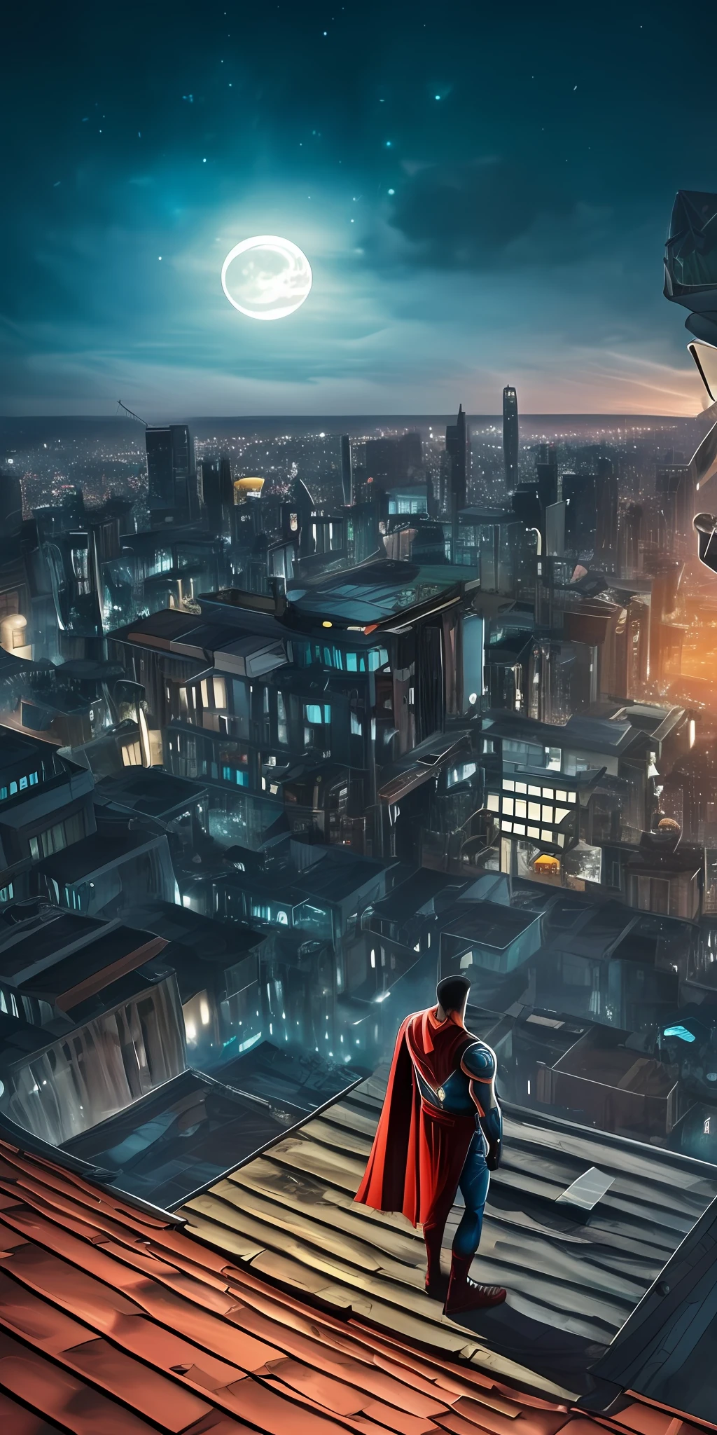 A superhero stands on a rooftop looking out over the city. Moonlight highlights your muscles and scars. The scenery is lush and mysterious, with futuristic tech and surroundings. The camera details everything --auto