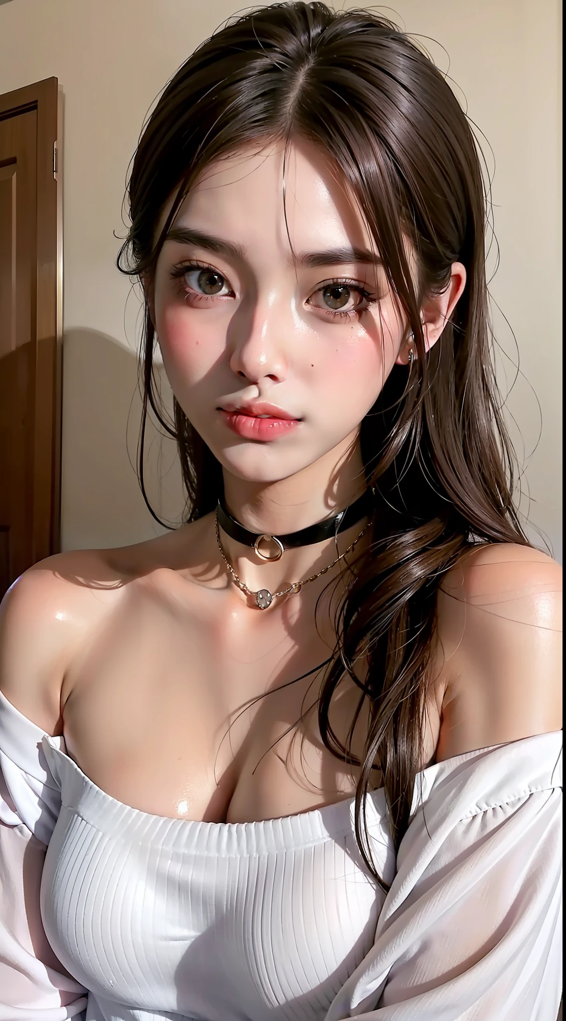 A masterpice、最好的质量、Raw photo、photorealestic、large tits、face lights、shinny skin、high resolucion、super detaill、shinny skin、Black choker、Brown hair、Medium hair、White off-shoulder shirt、Less exposure