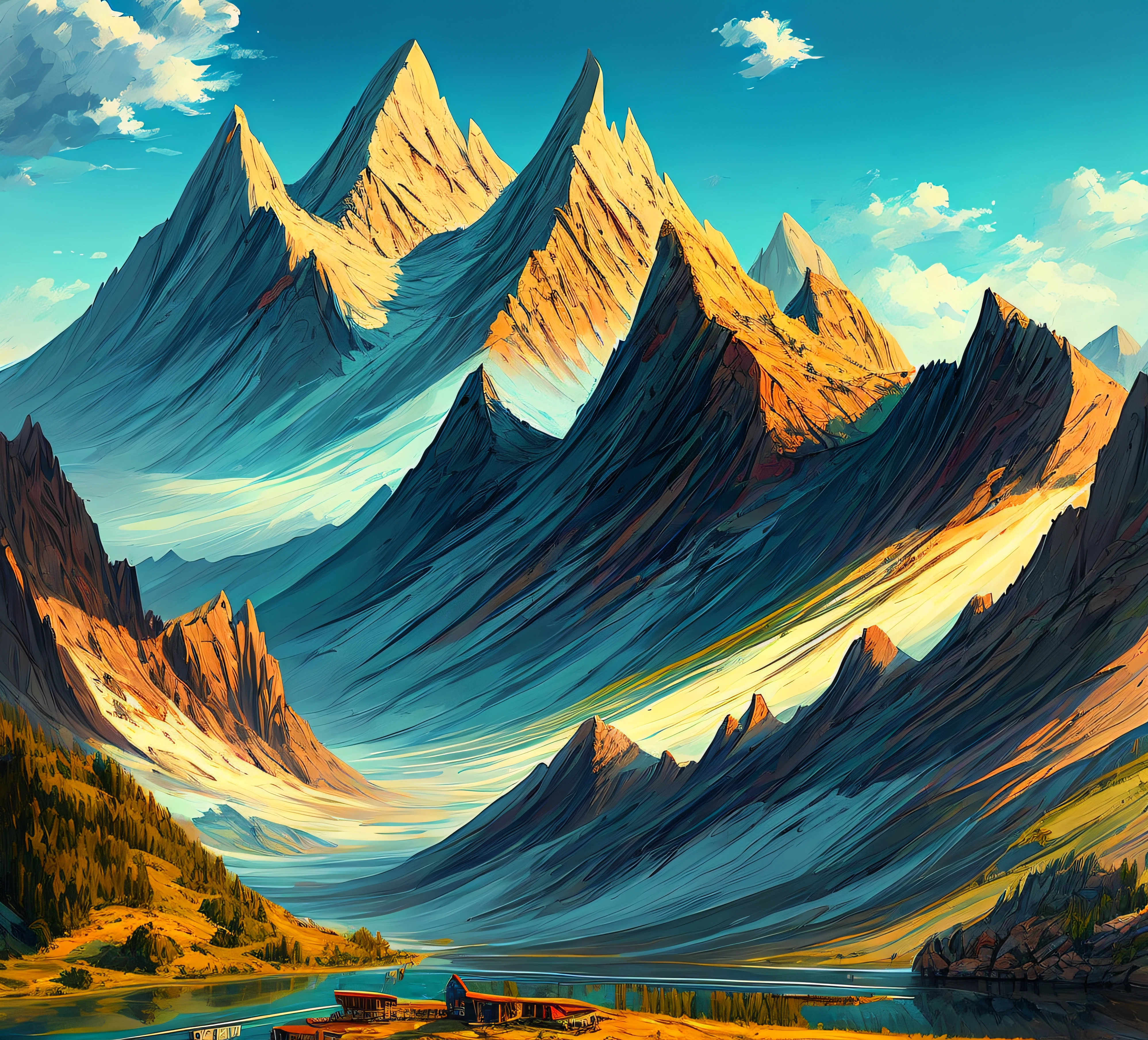 Hand-painted style Simple mountain The mountain is full of trees and there are boardwalks on the mountainside