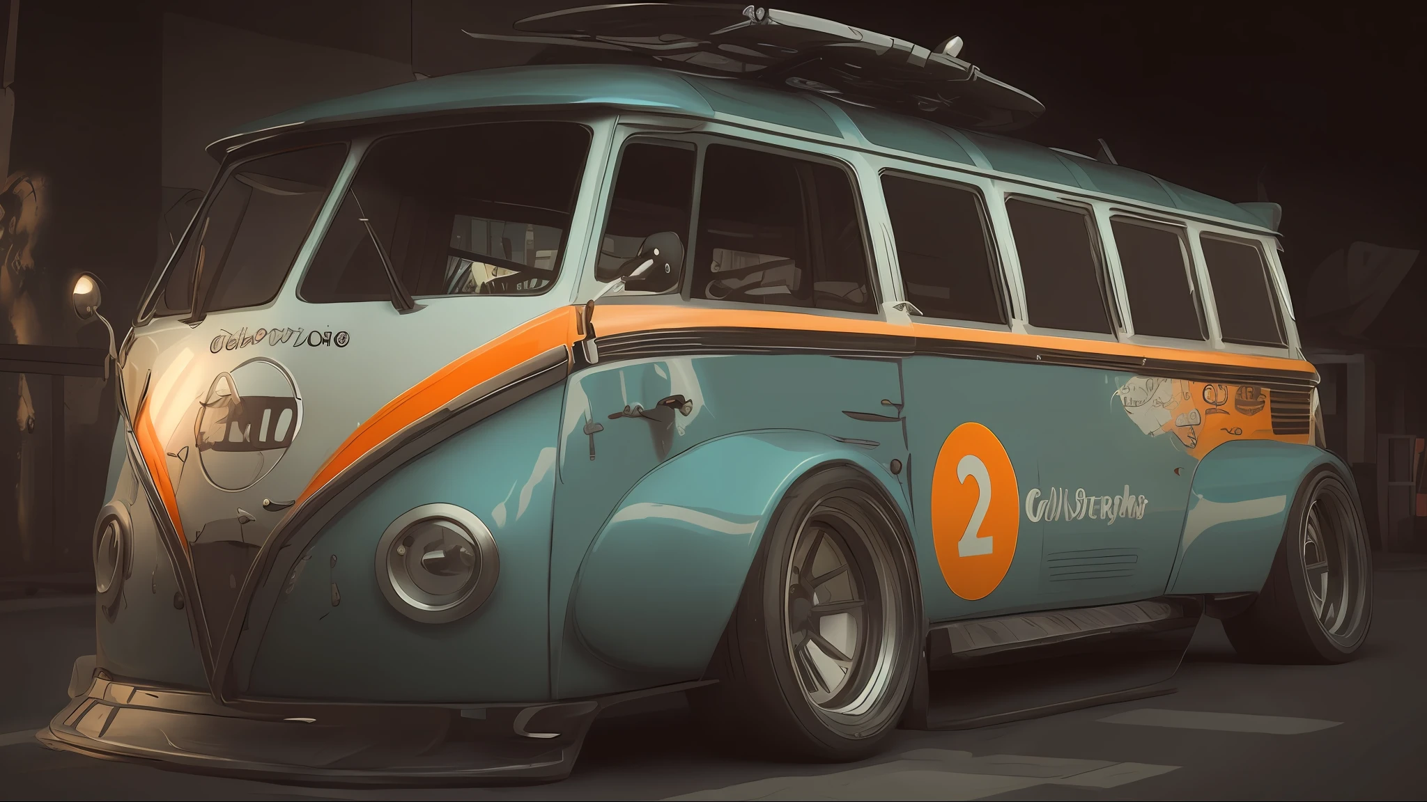 there is a blue and orange bus with a surfboard on top, vw bus on a street, microbus, trending on vehicle design, Corpo largo, Carrinha, trabalhos de pintura profissional, com rack de teto, vw microbus driving, great pinterest photo, azul com detalhes em laranja, Restomod,