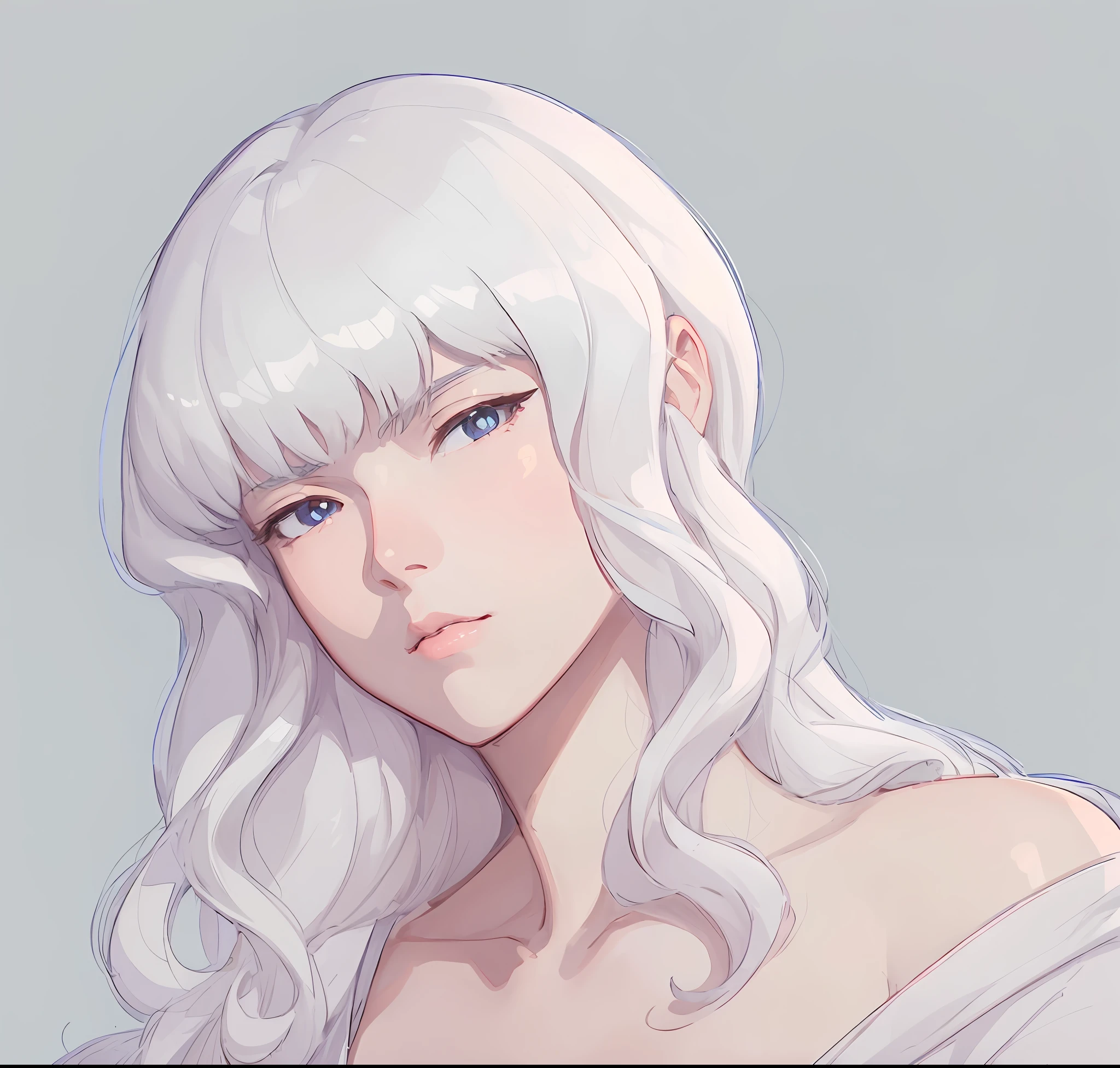 Anime - Retrato estilo de uma mulher com cabelo branco e olhos azuis, menina com cabelo branco, Griffith, retrato estilo anime, retrato da mulher do anime, retrato detalhado da menina do anime, senhora de cabelos brancos, cabelos brancos, retrato de personagem de anime, divindade de cabelos brancos, retrato bonito do anime, Digital anime illustration, Retrato de uma garota de anime, franja branca, sombreamento estilo anime plano