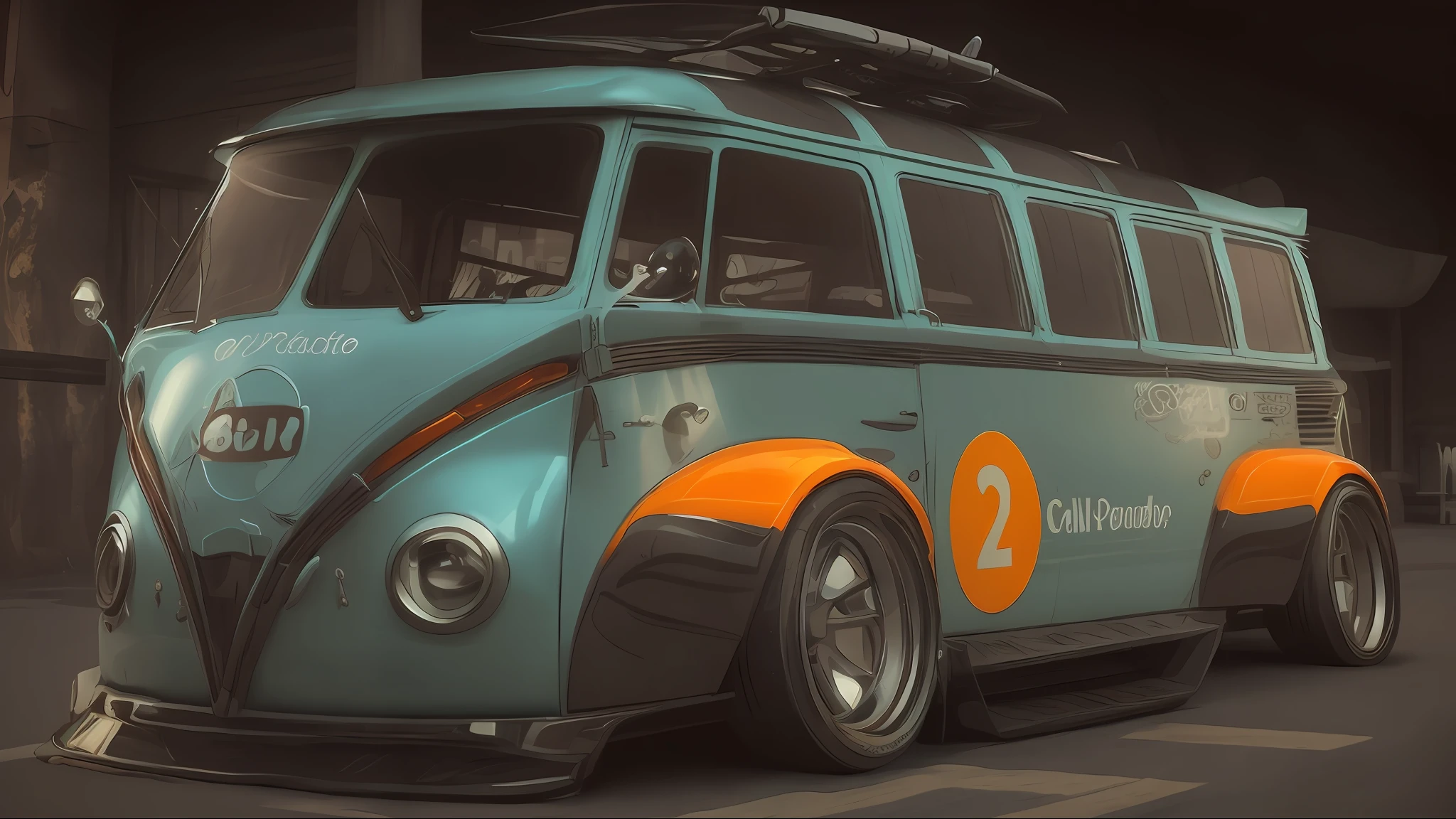 there is a blue and orange bus with a surfboard on top, vw bus on a street, microbus, trending on vehicle design, Corpo largo, Carrinha, trabalhos de pintura profissional, com rack de teto, vw microbus driving, great pinterest photo, azul com detalhes em laranja, Restomod,