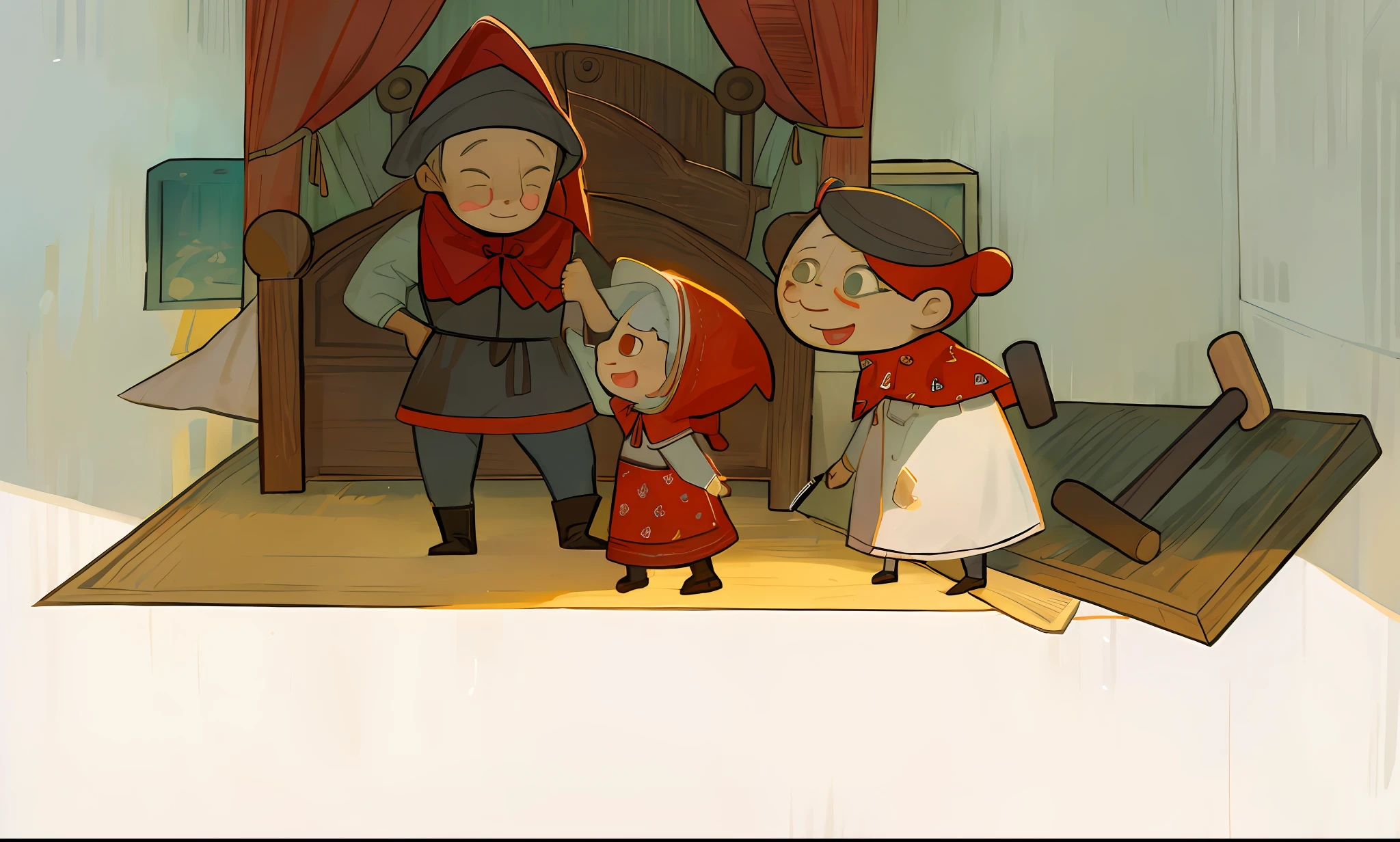 A cartoon of a grandmother and hunter and little girl in bedroom with bed, storybook illustration, children illustration, red riding hood, childrens illustration, children's book illustrations, Children's book illustration, children's book illustrations, The hunter wears a hat on his head,Carrying a shotgun on his back,Complete hands。Lovely style