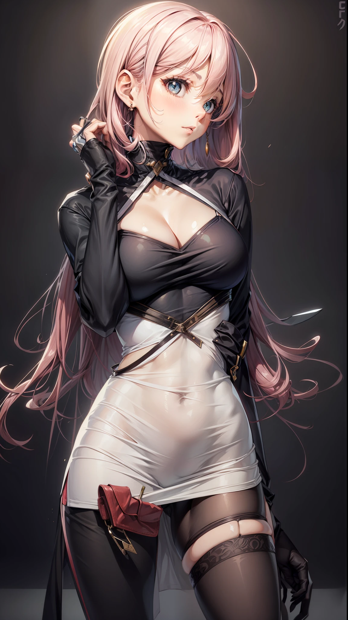 , posa, cabelo grande, cabelo rosa, saia curta, blusa decote, sexy, rosto perfeito, corpo perfeito,