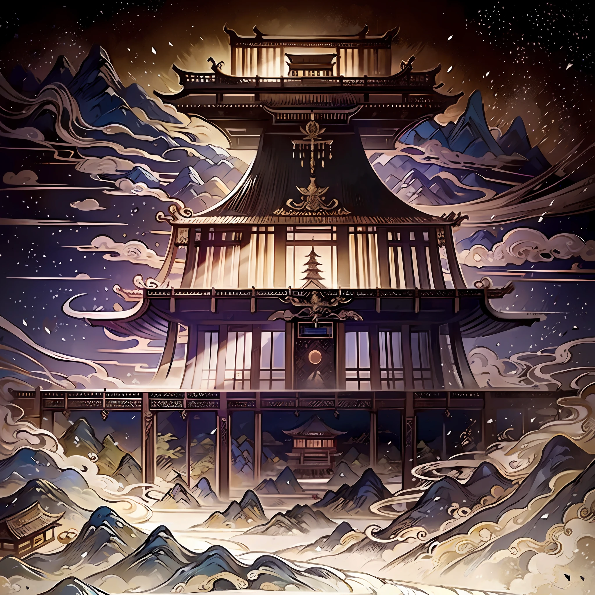 An ancient Chinese painting, ancient Chinese background, mountains, rivers, auspicious clouds, pavilions, sunshine, masterpieces, super detail, epic composition, ultra HD, high quality, extremely detailed, official art, unified 8k wallpaper, Super detail, 32k -- v 6