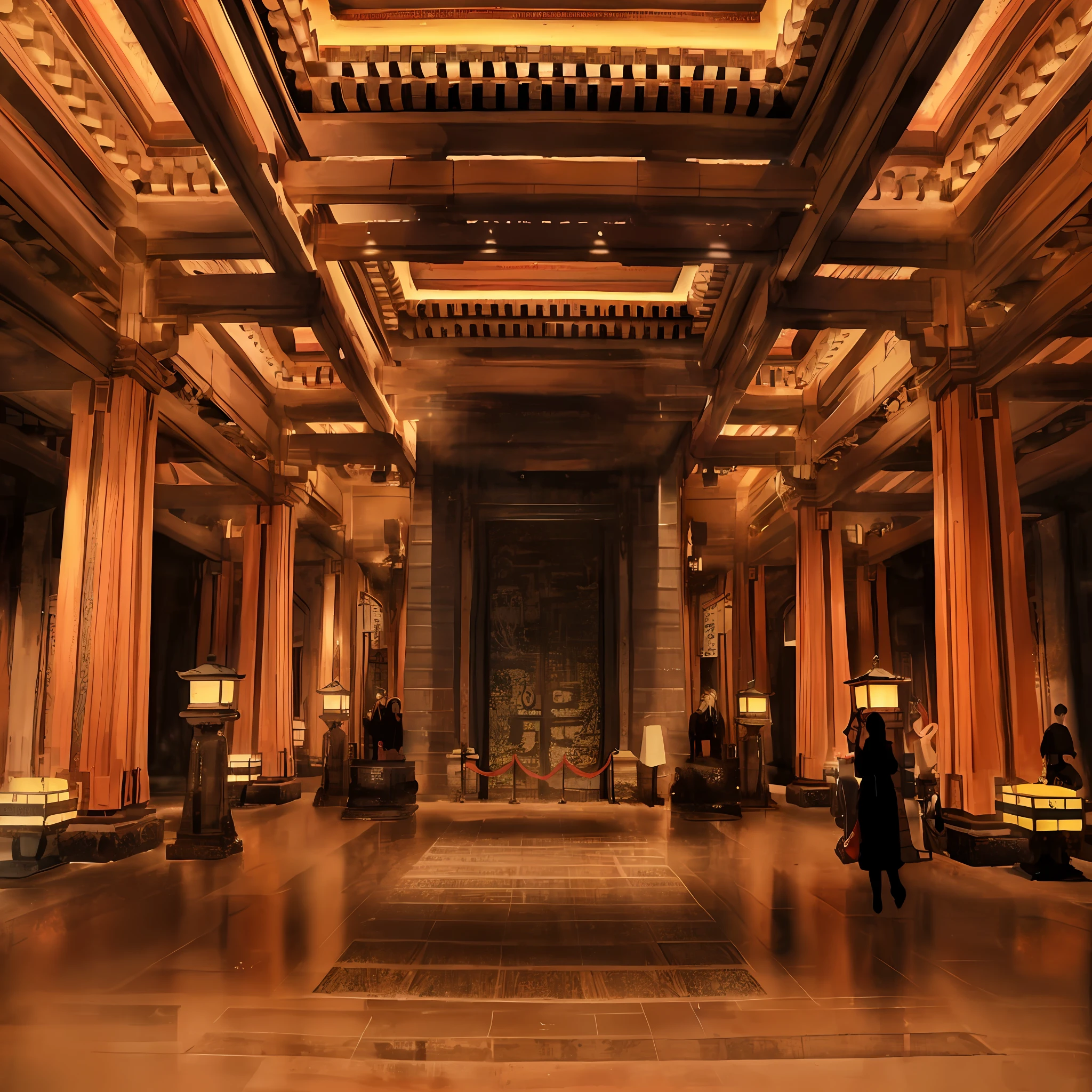 A watercolor painting, Tang Dynasty Palace, beautiful rendering of Tang Dynasty, traditional Chinese interior, palace interior, ancient Chinese architecture, from inside the imperial palace, Chinese imperial palace, traditional Chinese palace, mysterious imperial palace, inside her Chinese imperial palace, ancient Chinese architecture, palace, Chinese architecture