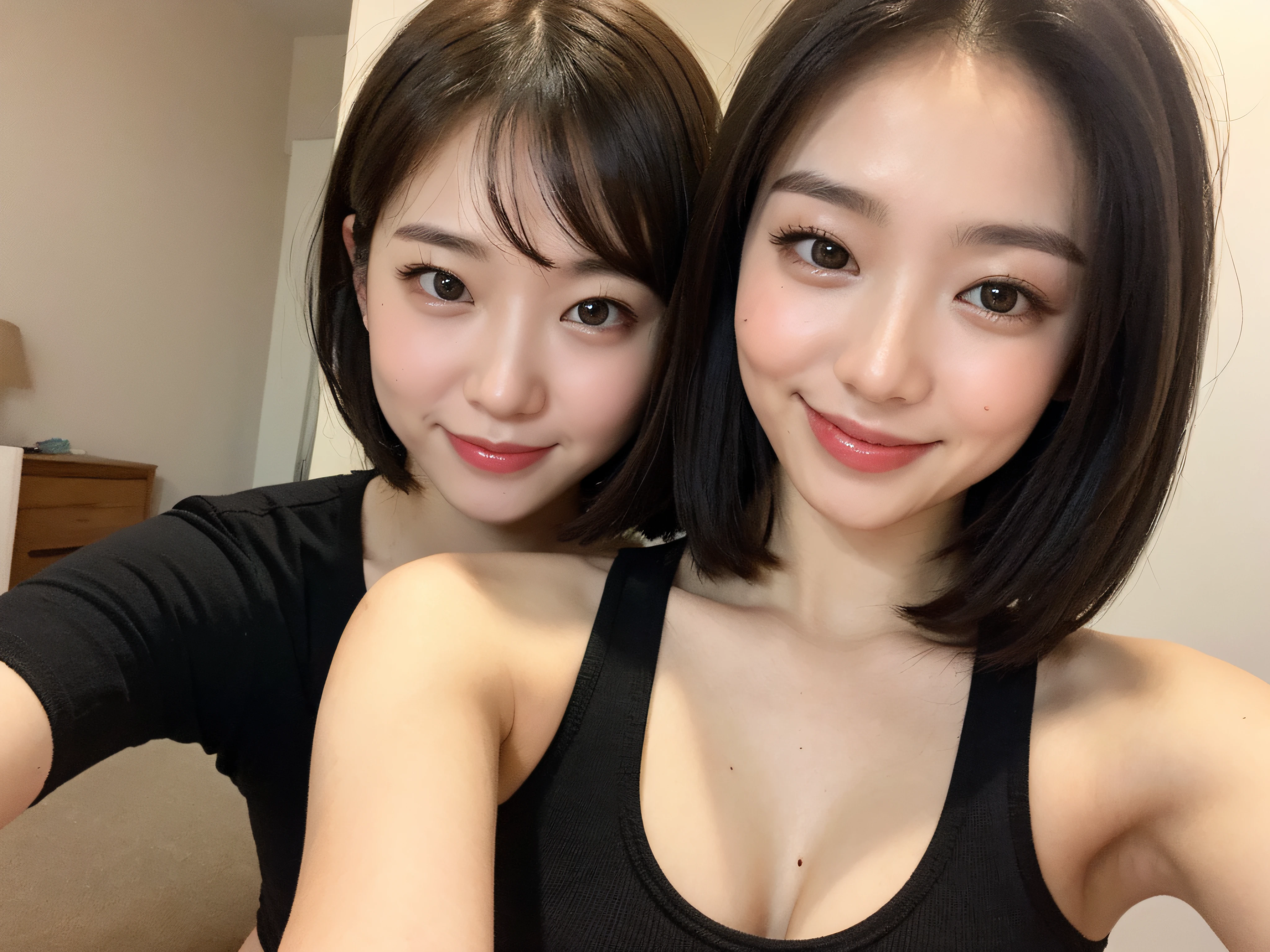 best quality, looking at camera, 25-year-old girl, short hairstyle, casual hairstyle, black crop top, cleavage shot, legging, ultra-detailed face, delicate face, big breast, smile, selfie