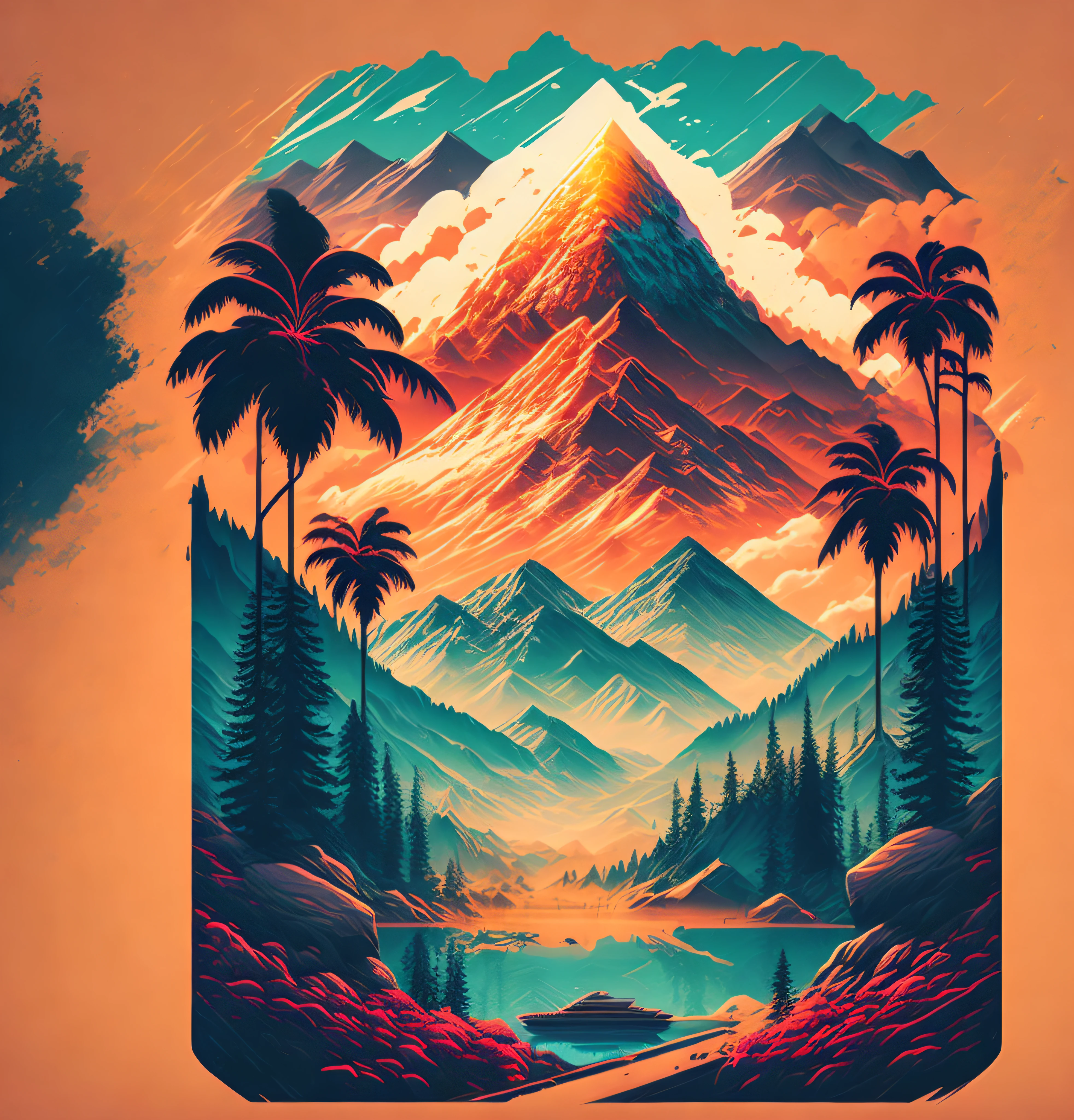 A city in a summer landscape mountains in the background surrounding trees, T-shirt design, midjourney, vector art, hydro74