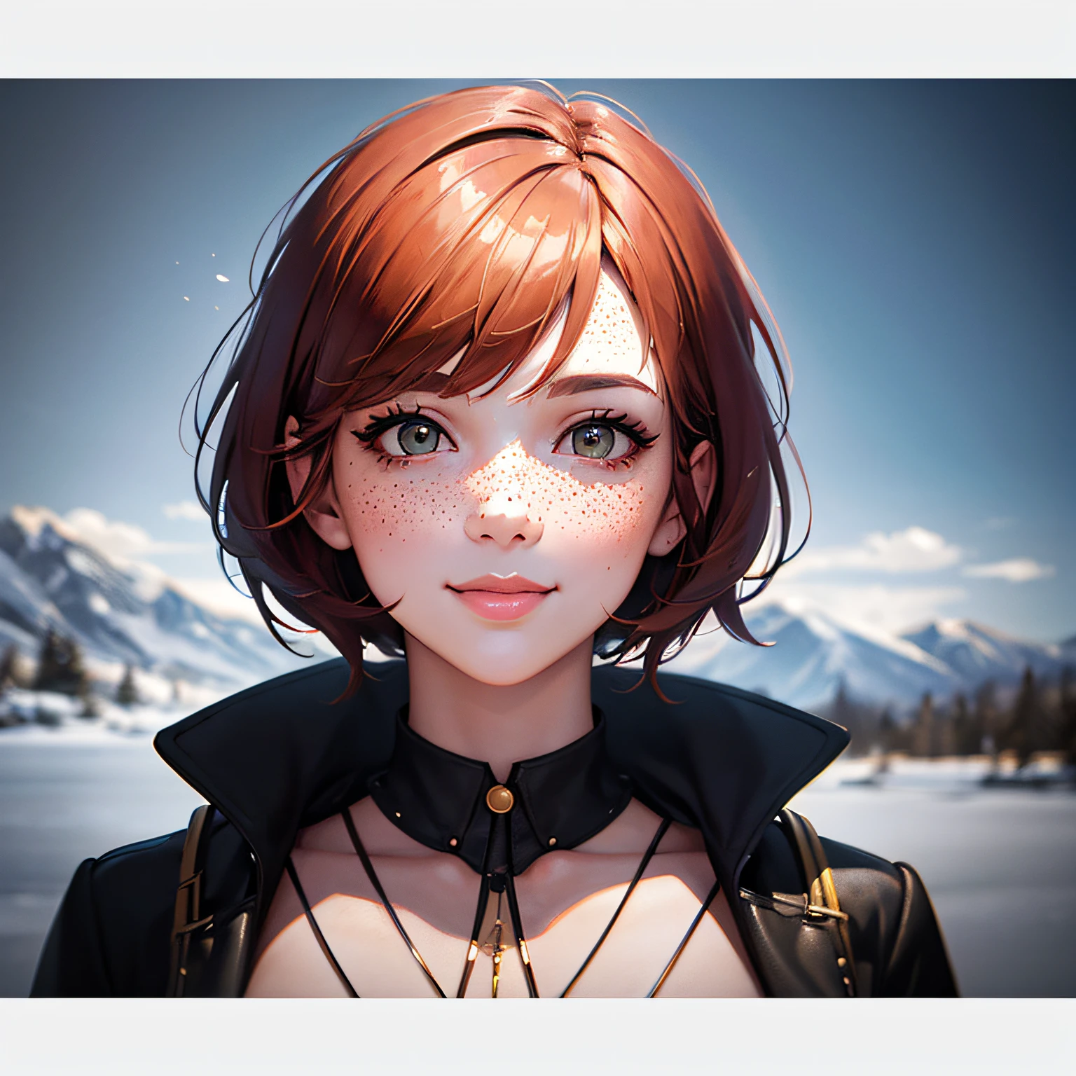 portrait of beautiful smiling woman with some freckles, snow-covered mountain landscape background by ilya kuvshinov and annie leibowitz. synthwave watercolor painting on canvas trending in artstation dramatic lighting abstract expressionism pastel shades tones (hd) golden ratio details aesthetic octane render excellent composition natural textures 8k oil paining masterpiece canon eos r4s 50