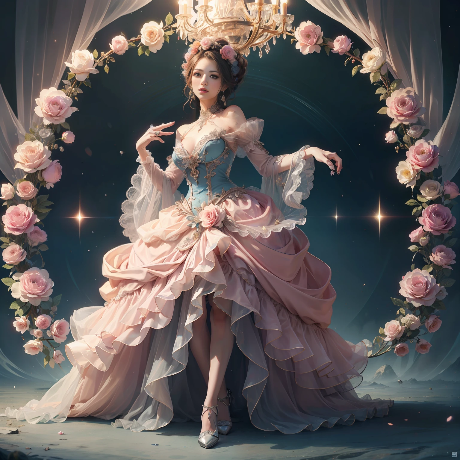 a day of the dead goddess wearing a majestic pink ball gown dress with rhinestones and tulle skirt, big beautiful dress, intricate puffy ball gown with lots of ruffles and rhinestones (Masterpiece, Top Quality, Best Quality, Official Art, Beautiful and Aesthetic: 1.2), (rococo) , Victorian), (1 Flower), Full Body, Extremely Detailed, (Fractal Art: 1.3), Colorful, Most Detailed