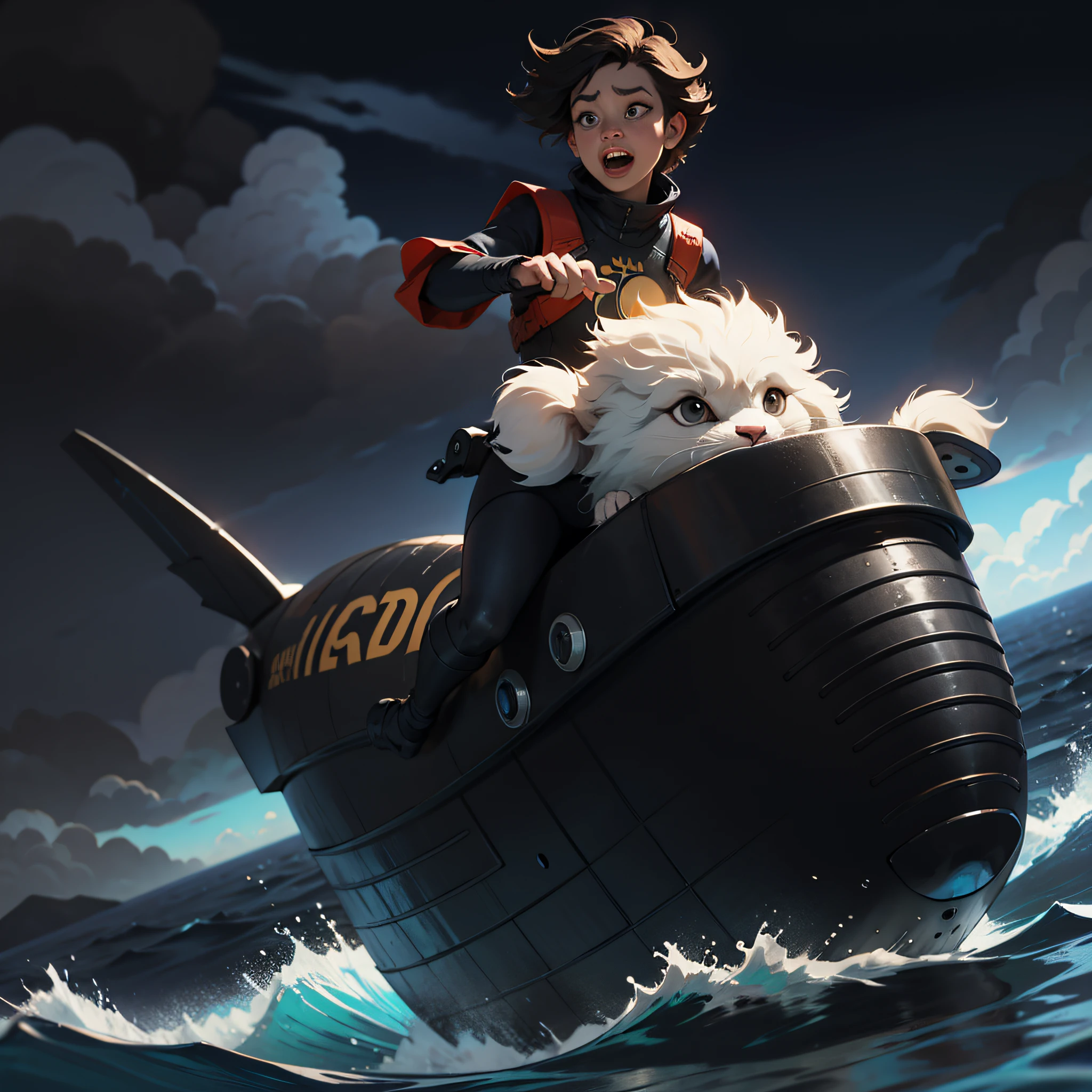 Fluffy cute ball that is a submarine, alive and pixar, big expressive black eyes, dark-grey fluff, riding through the stormy seas, masterpiece, best quality, ((In Pixar style))