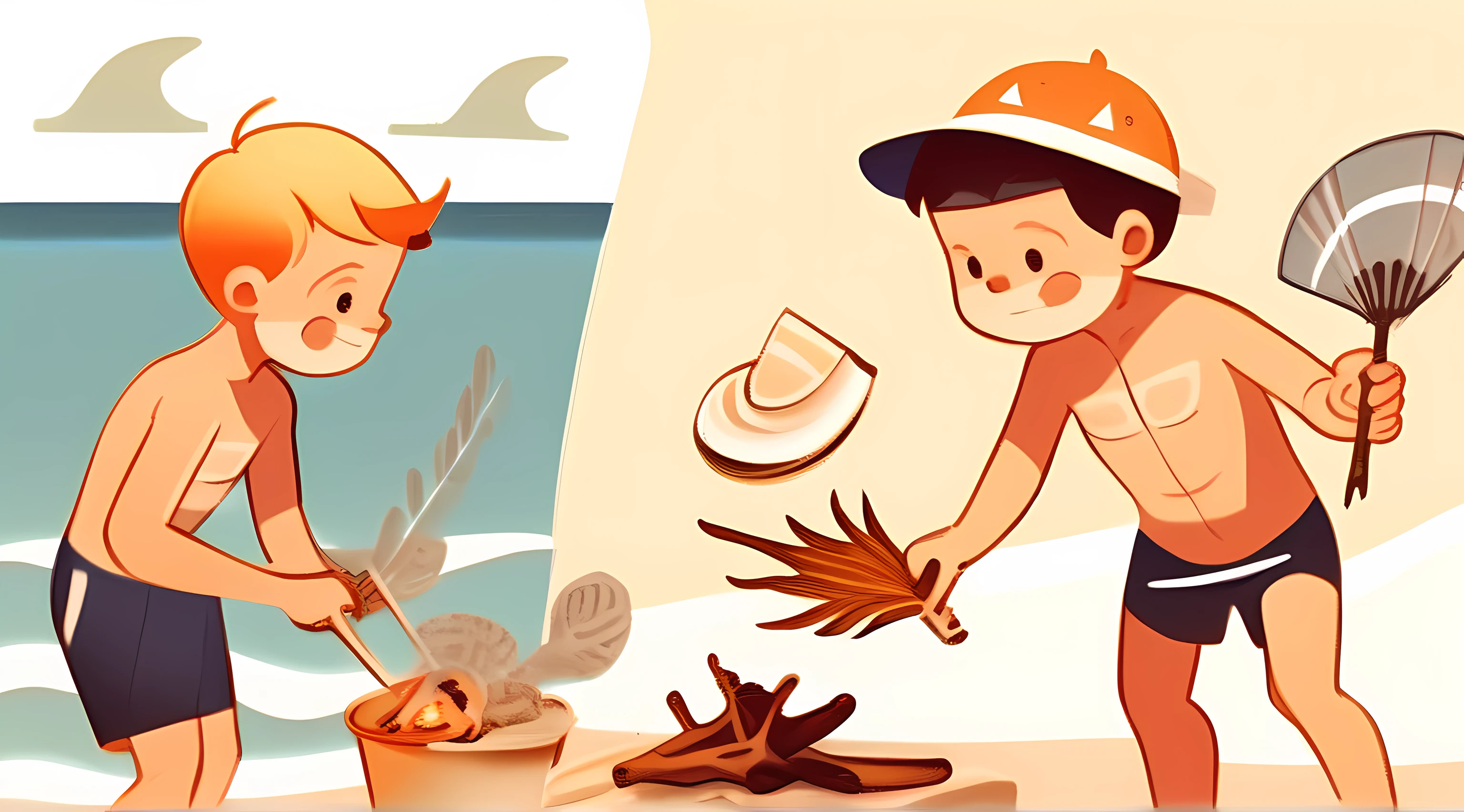 Two swimsuit boys at the beach,One at the barbecue,Seashells are roasted on the grill,A boy holds a branch,Swim trunks are forked on branches