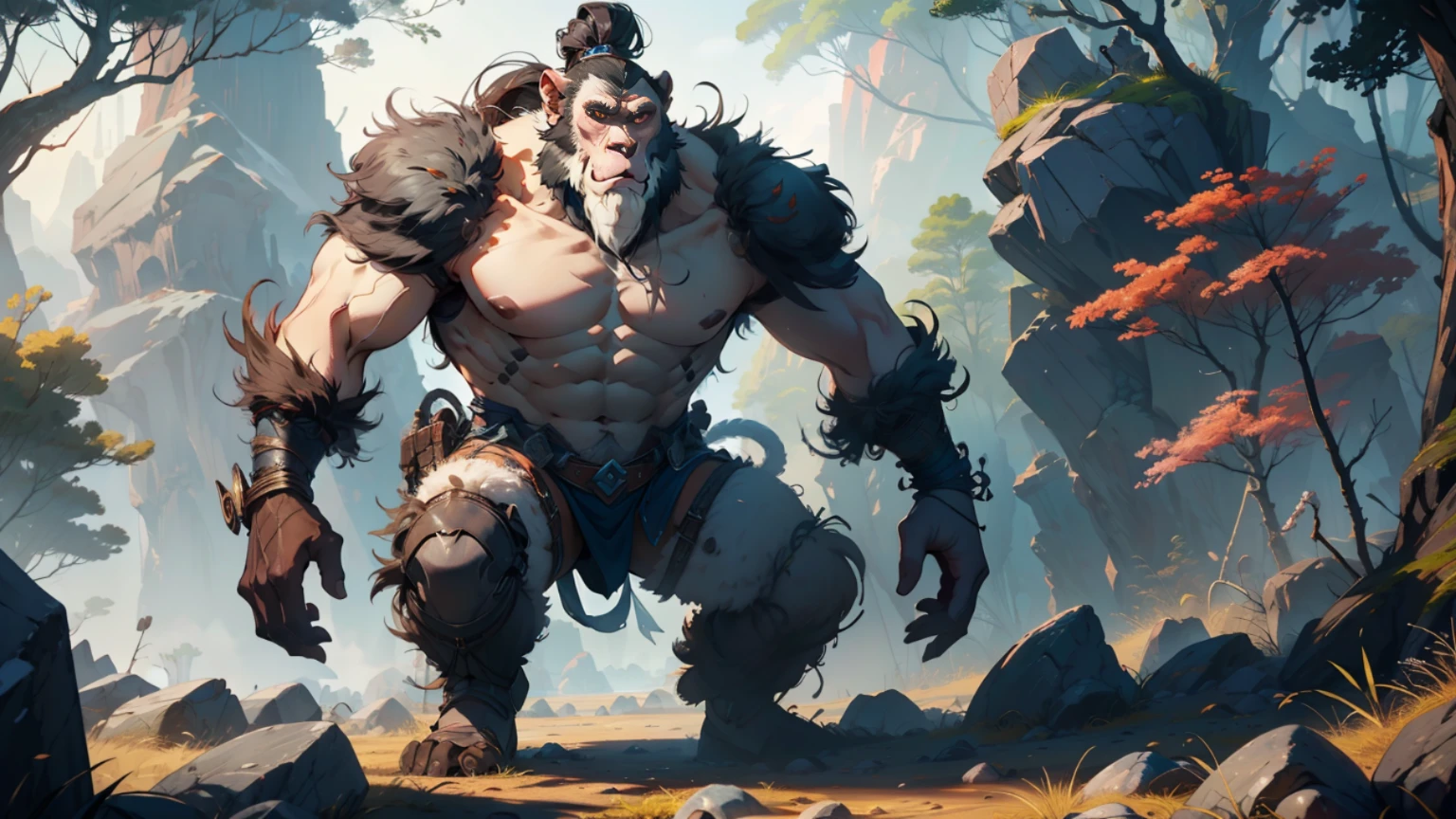 Broken stones，A muscular monkey stands，Ancient wind，In the background is a large mountain with dense trees，Beautiful CG quality，Clear and detailed description，Hearty shots，Rich and superb local details，Intoxicating light and shadow effects，Beautiful and beautiful overall atmosphere