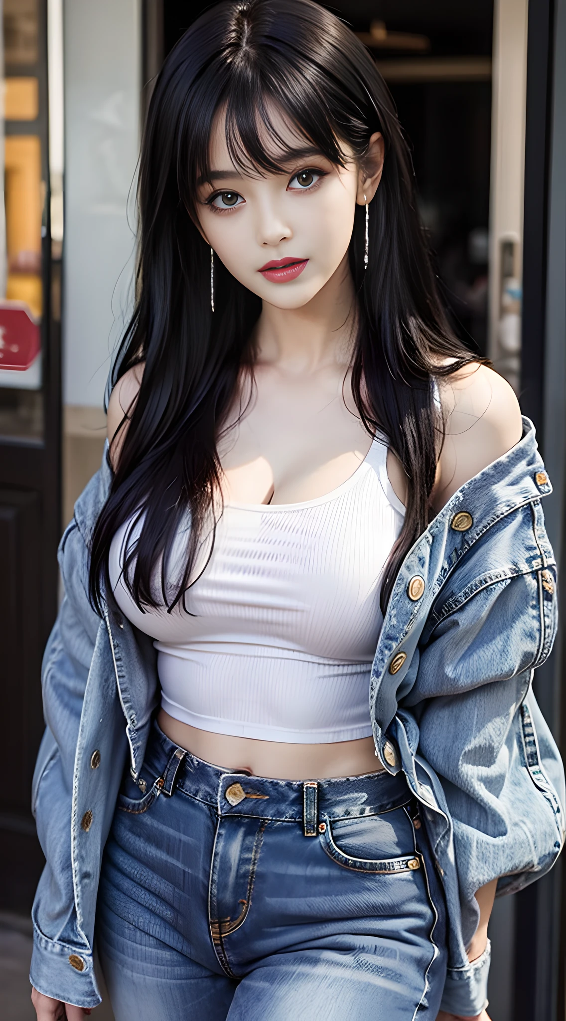 1girl, bangs, black hair, blue eyes, sakimichan, cleavage, collarbone, denim, hand up, jacket, jeans, looking at viewer, huge breasts, medium hair, midriff, off shoulder, pants, solo, tank top, upper body,mature female