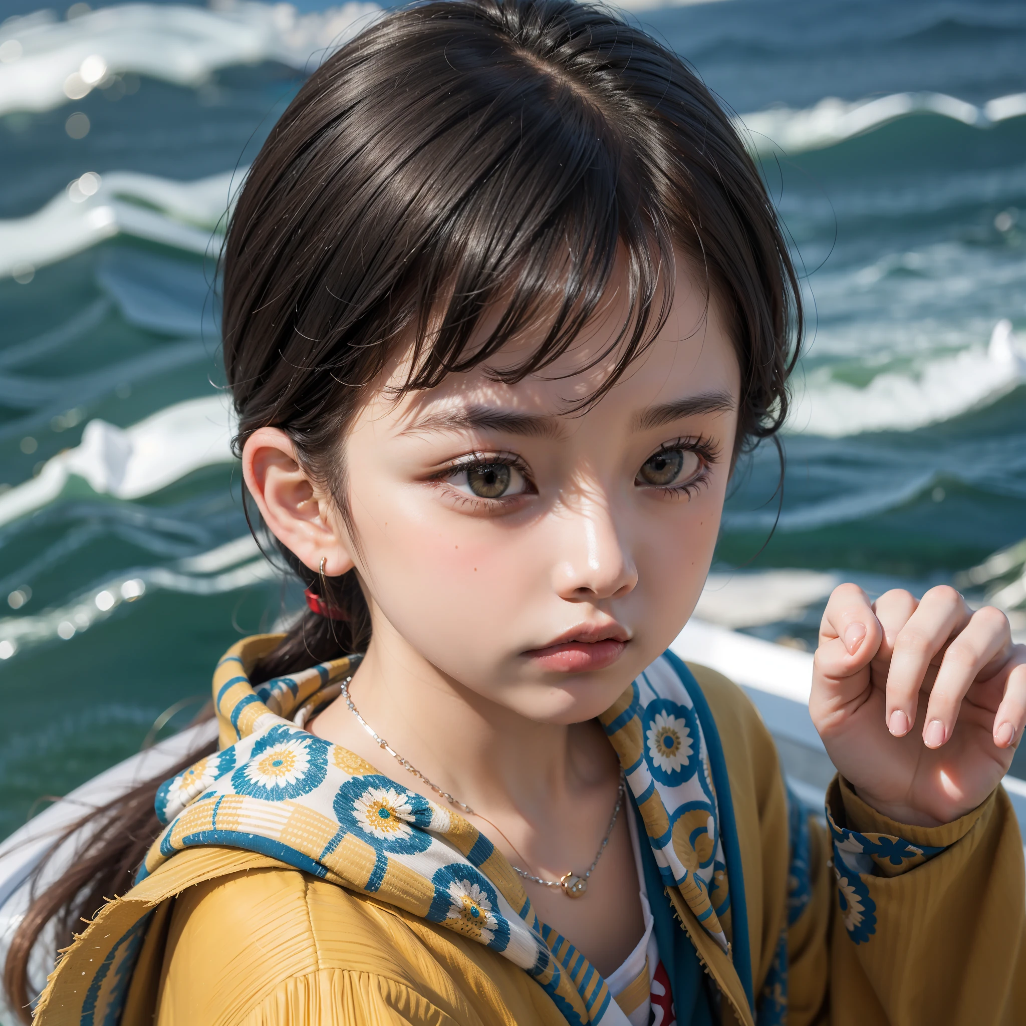 Masterpiece, best quality, 8K wallpaper, a handsome little boy by the sea, (multi-national mixed race 1.6), black hair, (big brown eyes), straight nose