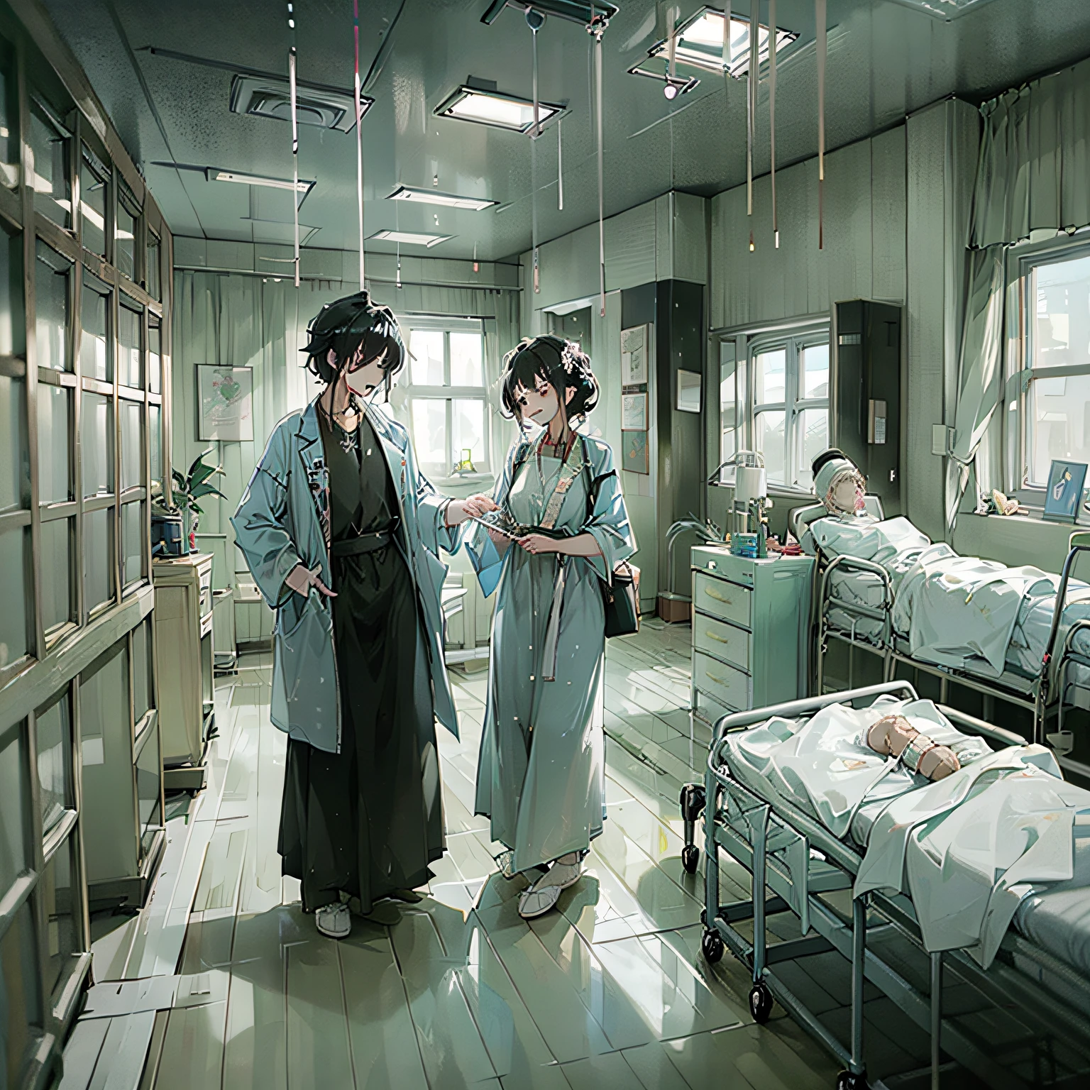 Hospital room with several stretchers occupied with critically ill patients , cinematiclighting, profundidade de campo, Man, Realismo, fotorrealista, hiper-realismo, fotografia profissional, UHD, DSLR, HDR --auto