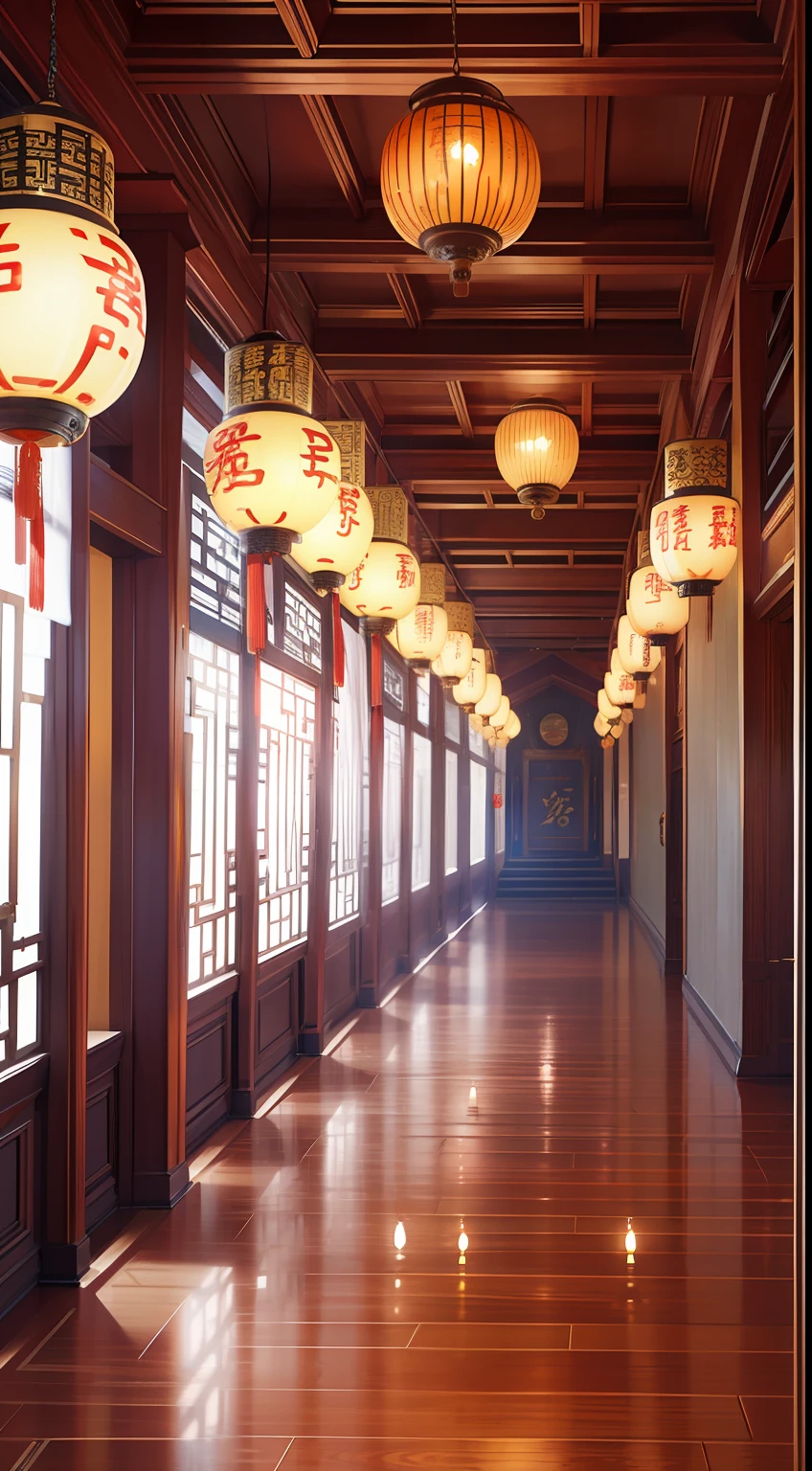 Panorama painting, epic ink painting, a hall of ancient Chinese architecture, exquisite interior decoration, hallway, depth of field effect, imaginative, Fantasy, high-end color matching, I can't believe how beautiful it is., spectacular, square, 16 k