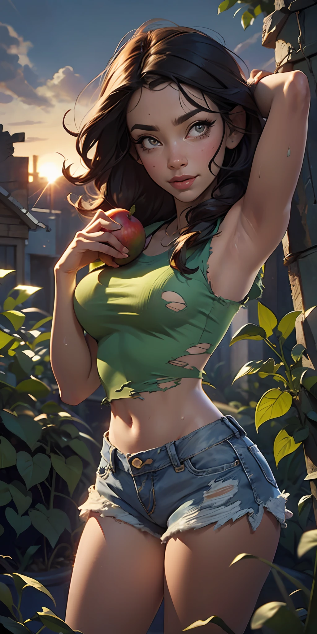 The Urban Ruins of the Wasteland, Female huntress picking fruit in the garden, torn shirt and denim shorts , sweating through, sun rising, Nice warm colors, better lighting,