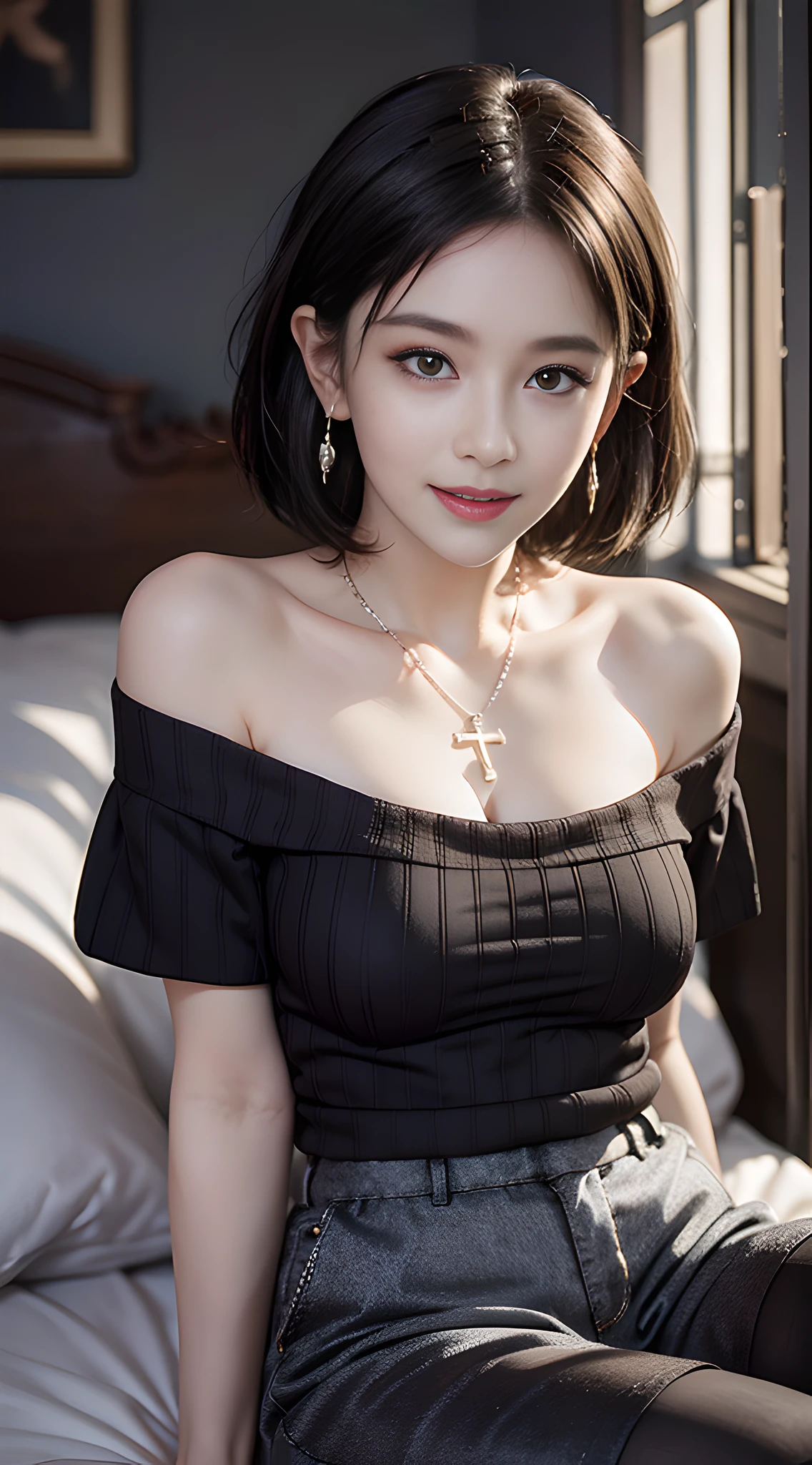 (short hair woman), (off-shoulder sweater, oversized sweater), (hiden short pants), (cross-legged sitting, hands lying on thighs), on bed, medium breasts, deep cleavage, best quality, masterpiece, illustration, very delicate and beautiful, very detailed skin, CG, Unity, 8K wallpapers, amazing, fine detail, highly detailed CG Unity 8K wallpapers, huge file size, high resolution, handsome detailed woman, very detailed eyes and face, Stunning detailed eyes, light on the face, (Best illustration: 1.1), (best shadow: 1.1), ultra high resolution, (photorealistic: 1.1), (photorealistic 1.2:1.1), realistic face proportions,slim,smile,(fluffy black eyes: 1.21), black eyes, looking at the viewer, dark brown hair, earrings, necklaces, hairpins, full body shots, (irregular skin imperfections,veins,moles,skin wrinkles,pores: 1.2), (dark night background: 1.2), (bokeh: 1.4),