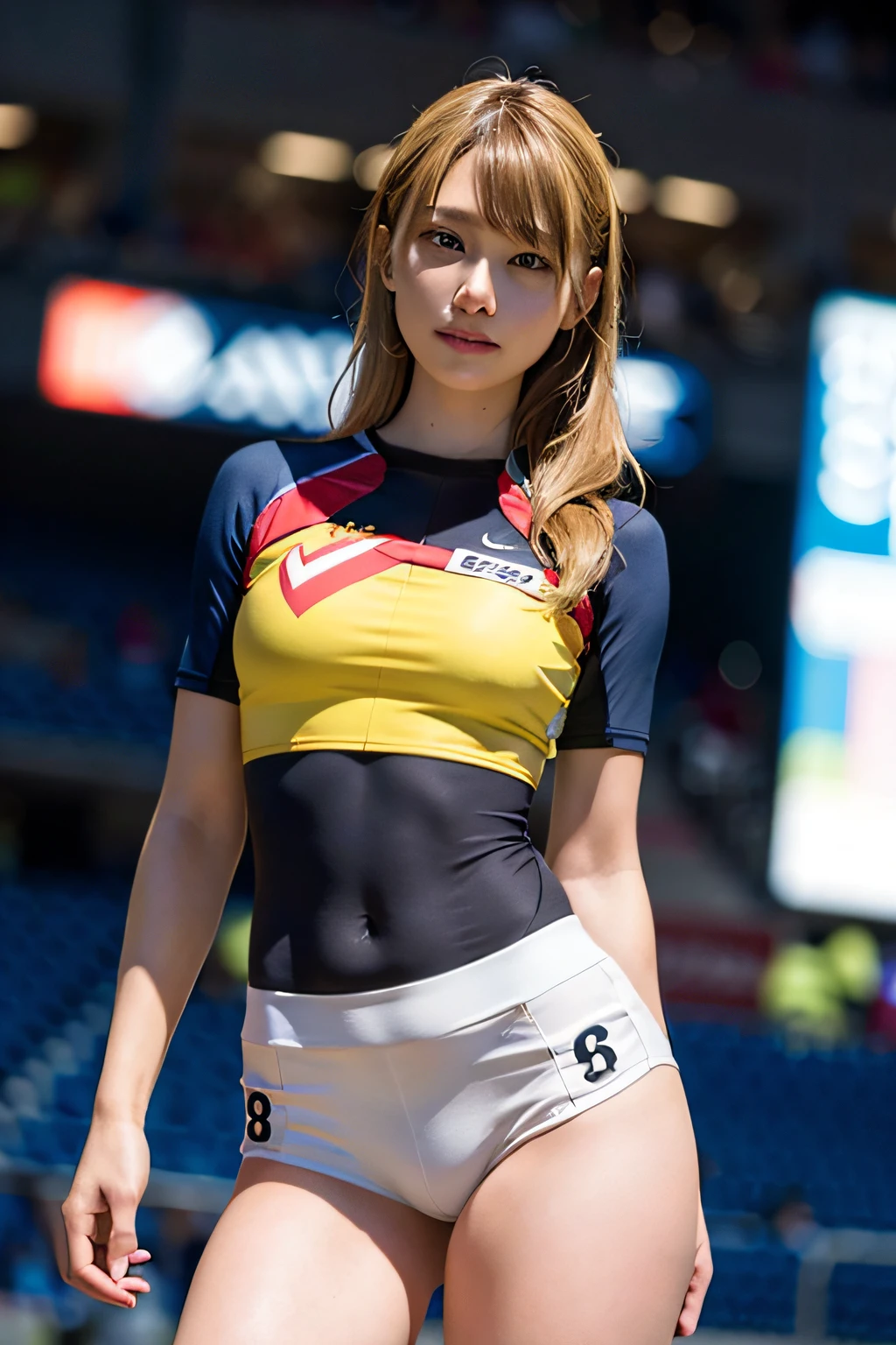 (8K、Raw photography、最好的质量、A masterpice:1.2)、(Realstic、photorealestic:1.37)、ultra -detailed、ultra-high-resolution、1人、see the beholder、Beautiful detailed face、smile on face、Constriction、(Slim waist) :1.3)、shirts、Beautiful detailed skin、Skin texture、Floating hair、Professional lighting、Haut du corps、Whole human body、Longhaire、a blond、Women's Marathon Uniforms、Athletics Stadium