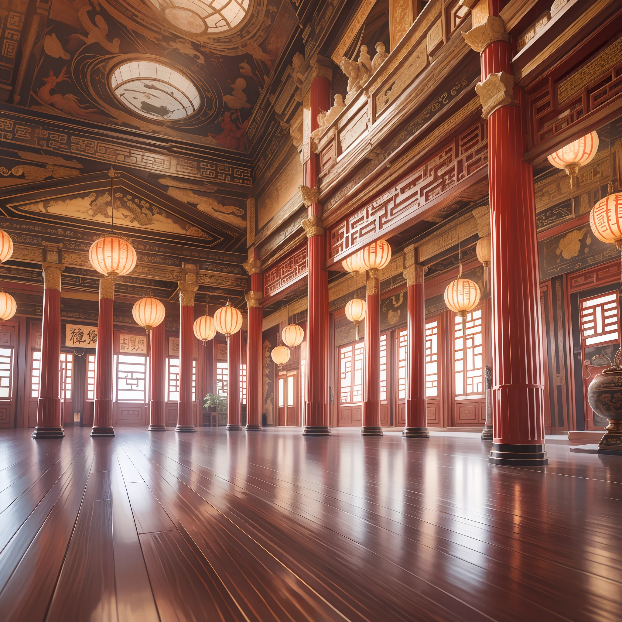 Panorama painting, epic ink painting, a hall of ancient Chinese architecture, exquisite interior decoration, depth of field effect, imaginative, Fantasy, high-end color matching, I can't believe how beautiful it is., spectacular, square, 16 k