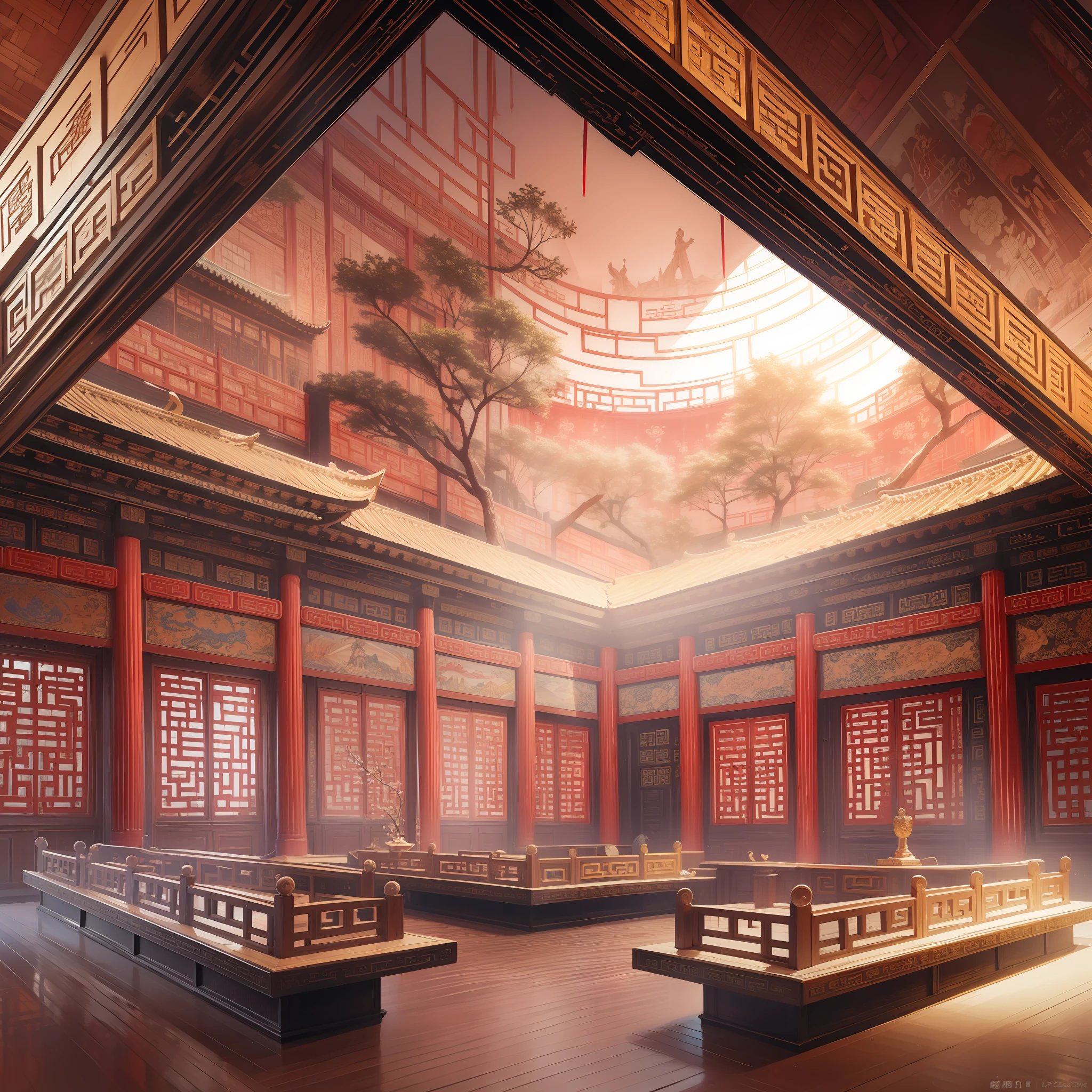 Panorama painting, epic ink painting, a hall of ancient Chinese architecture, exquisite interior decoration, depth of field effect, imaginative, Fantasy, high-end color matching, I can't believe how beautiful it is., spectacular, square, 16 k