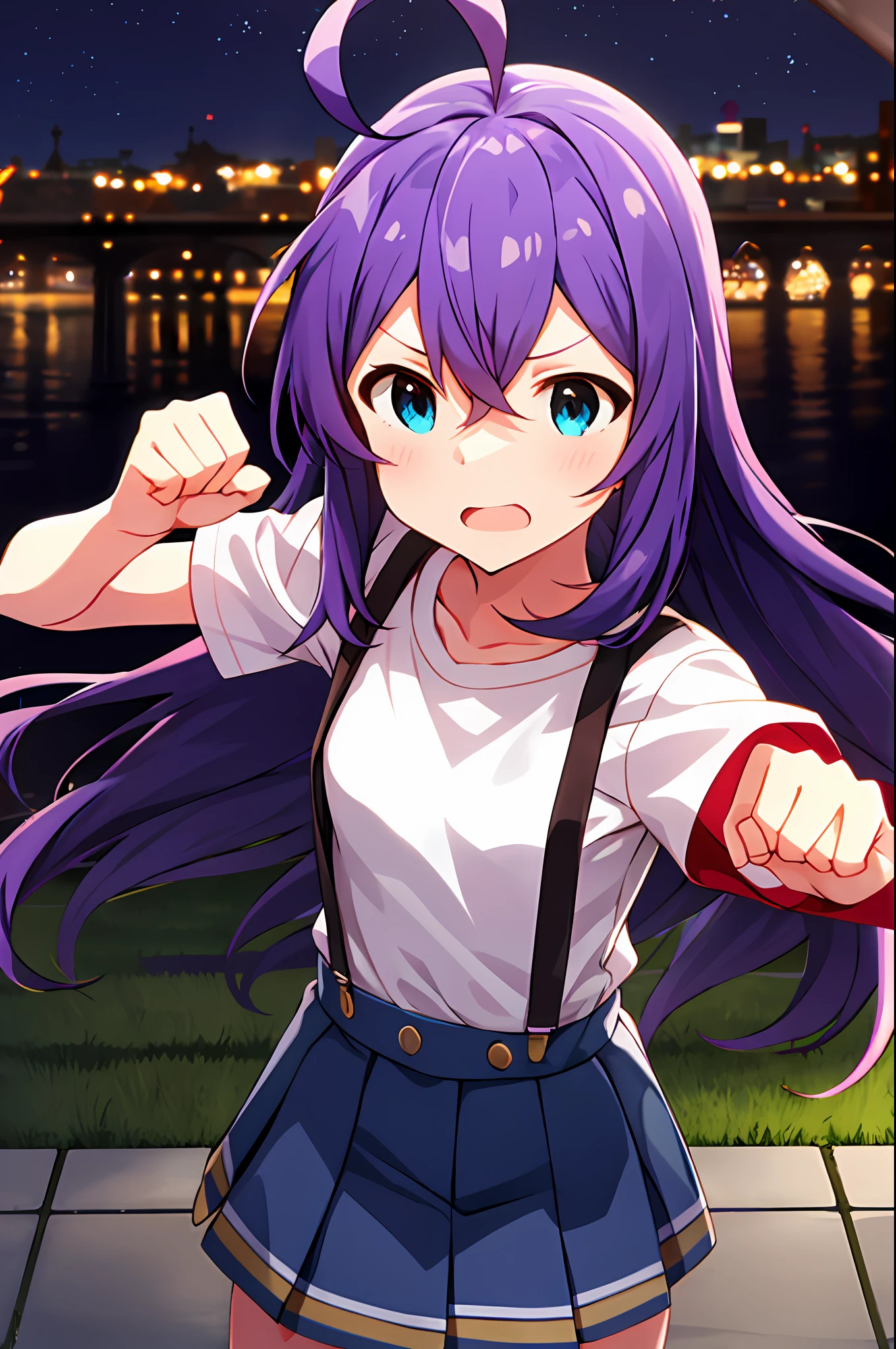 mochizuki anna,1girls,Solo,Long hair,Purple hair,Small_Ahoge,Blue eyes.Short stature.white t-shirts.suspenders.Skirt.Night view.fighting stance.Despair face.Clench your fists.