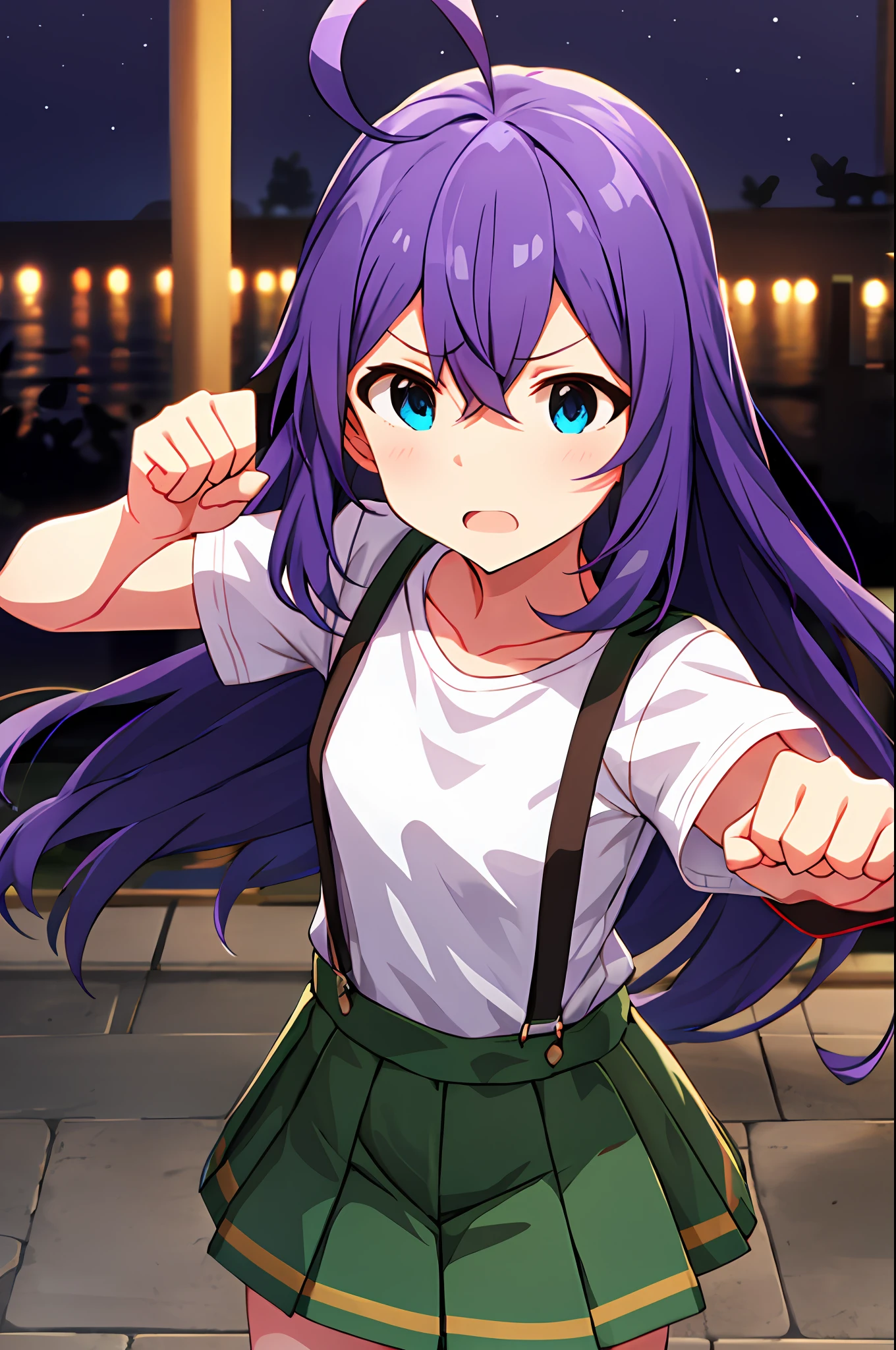 mochizuki anna,1girls,Solo,Long hair,Purple hair,Small_Ahoge,Blue eyes.Short stature.white t-shirts.suspenders.Skirt.Night view.fighting stance.Despair face.Clench your fists.