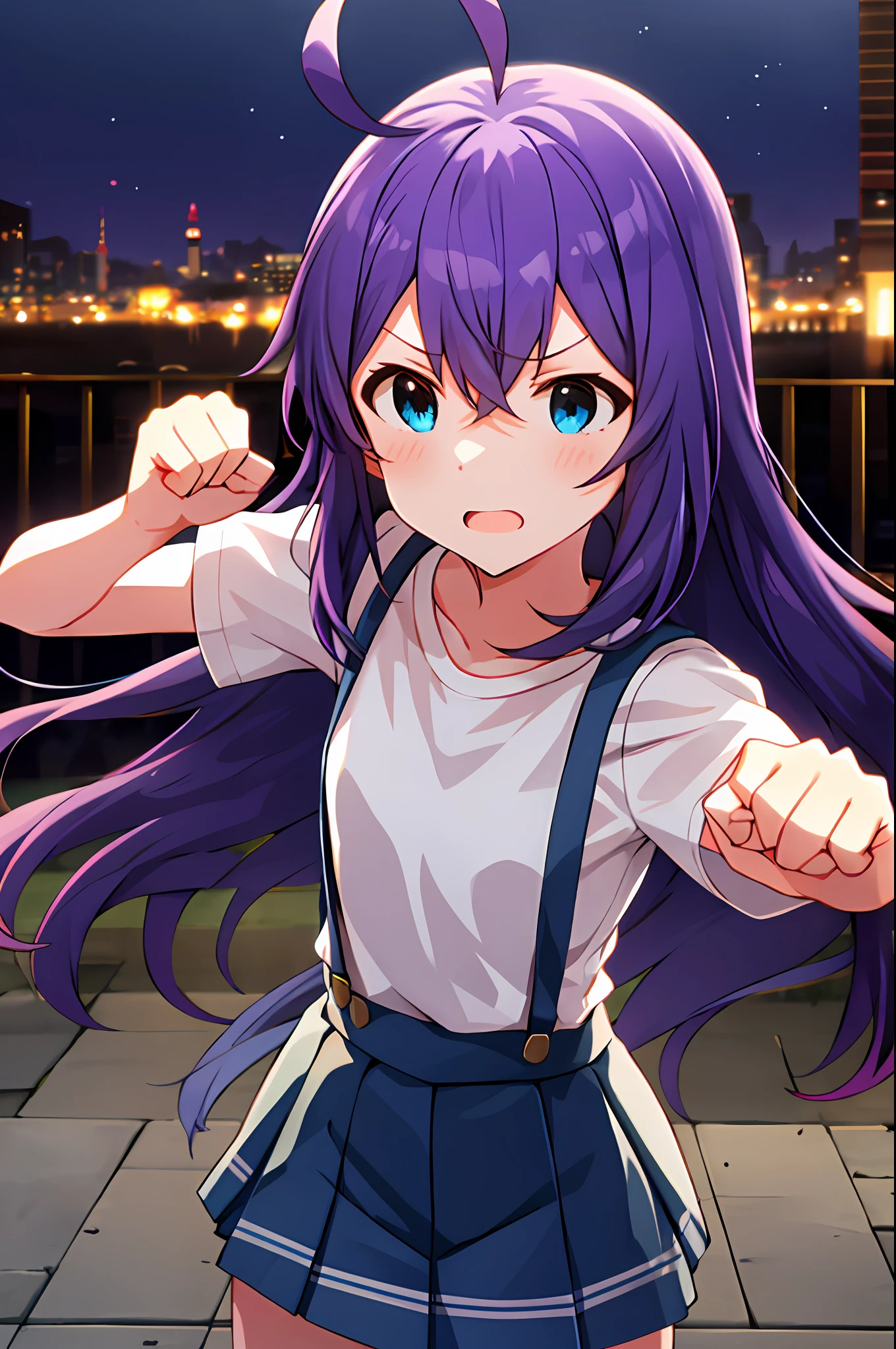 mochizuki anna,1girls,Solo,Long hair,Purple hair,Small_Ahoge,Blue eyes.Short stature.white t-shirts.suspenders.Skirt.Night view.fighting stance.Despair face.Clench your fists.