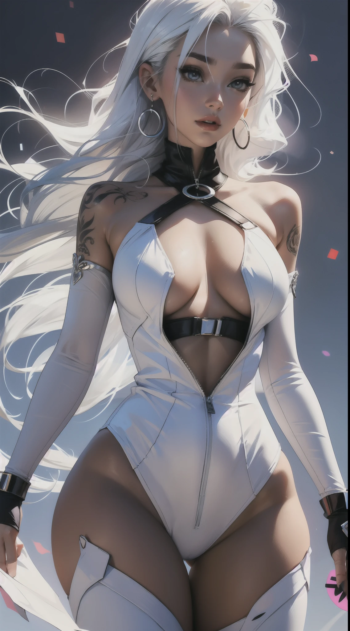 "1 woman with a semi-transparent and stylish white outfit, featuring curves and artistic concepts, white hair, neck tattoos, sexy, with circles and fractals in the background")